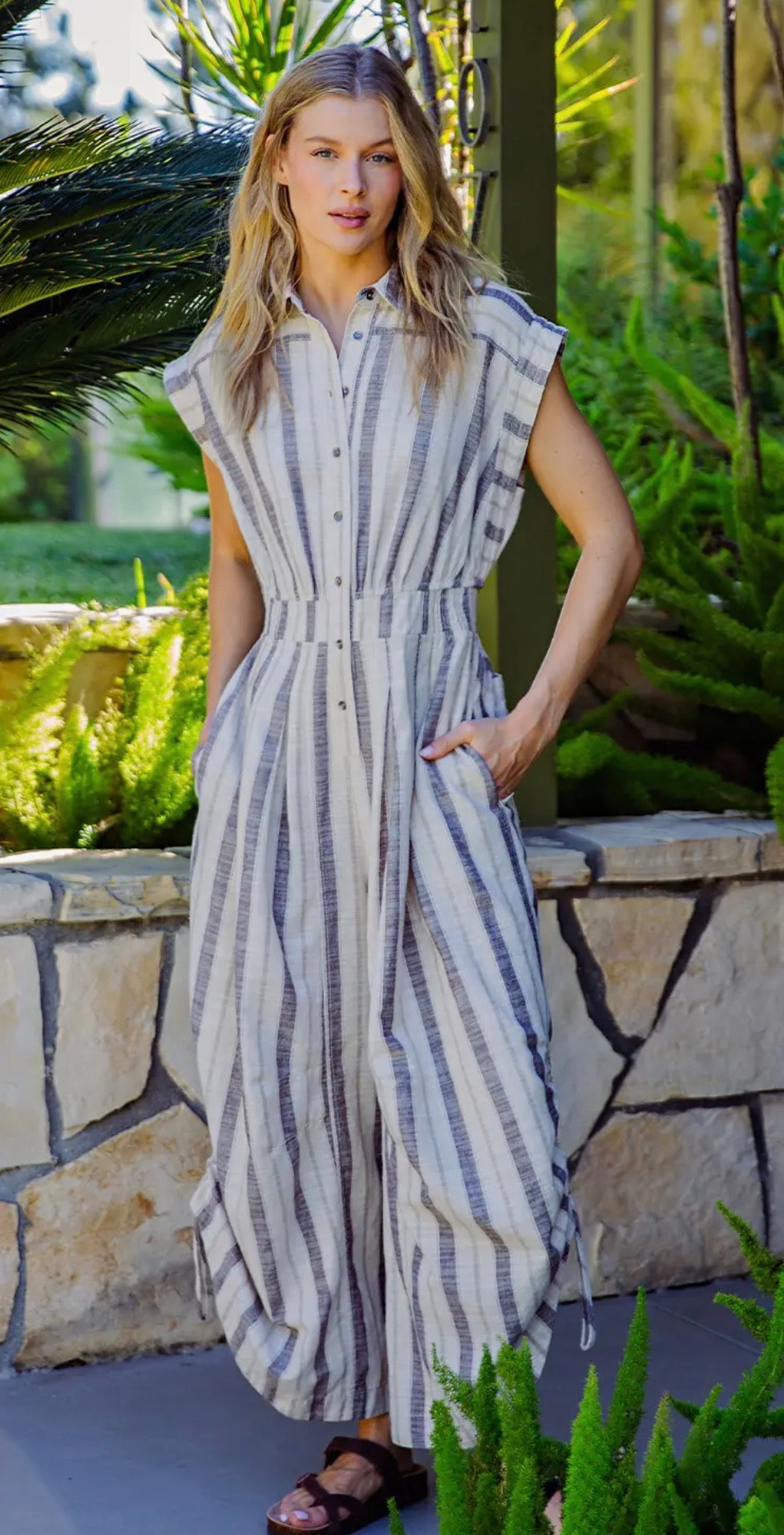 Neutral Stripe Button Down Jumpsuit – Boho Wide Leg Romper with Pockets