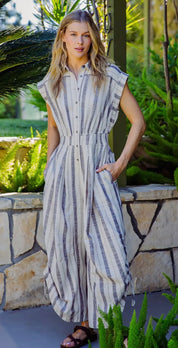 Neutral Stripe Button Down Jumpsuit – Boho Wide Leg Romper with Pockets