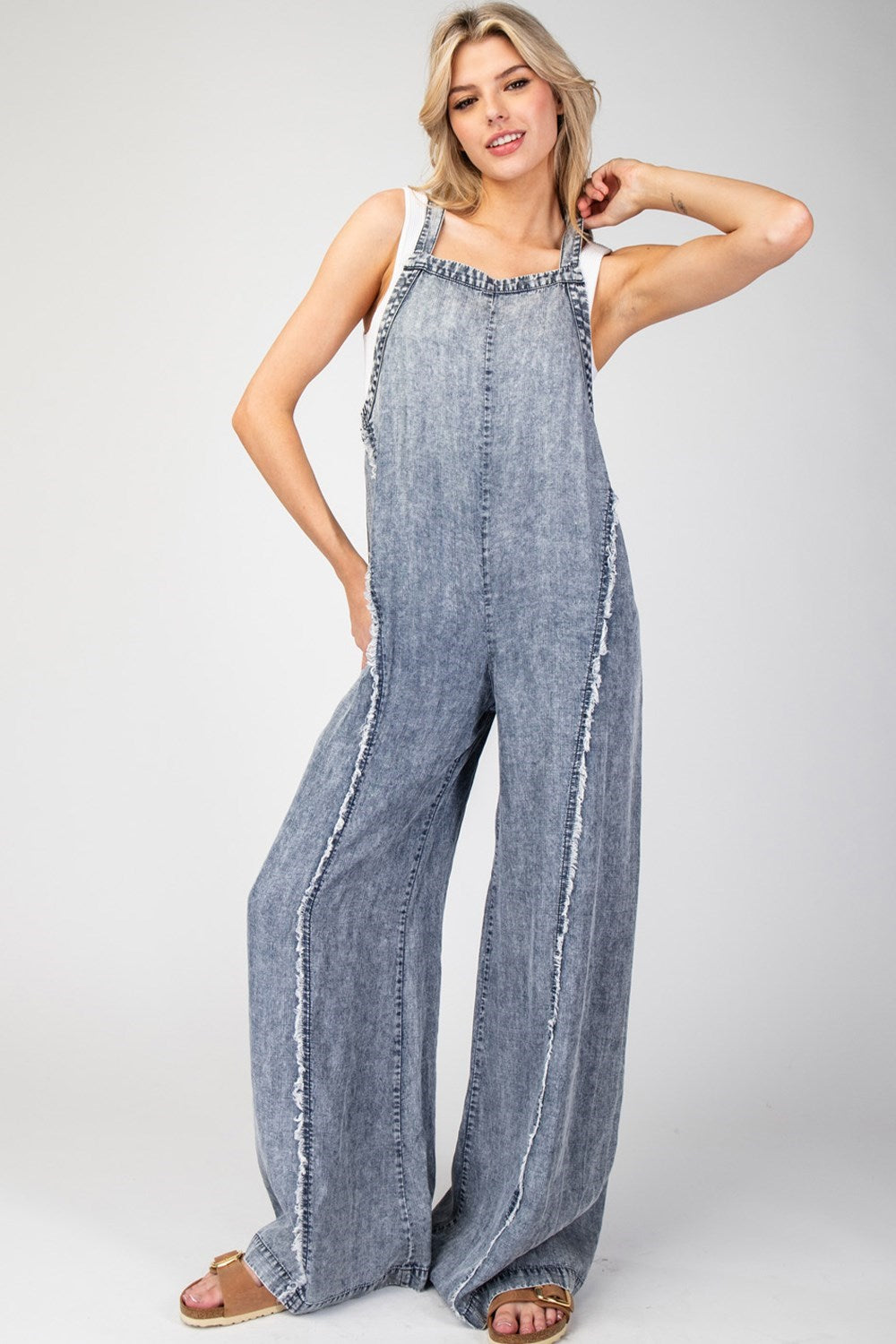 Pinstriped denim jumpsuit