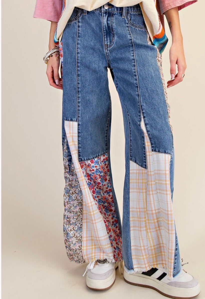Boho Patchwork Wide Leg Denim Jeans