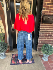 Risen Dark Plaid About You Drawstring Barrel Jeans