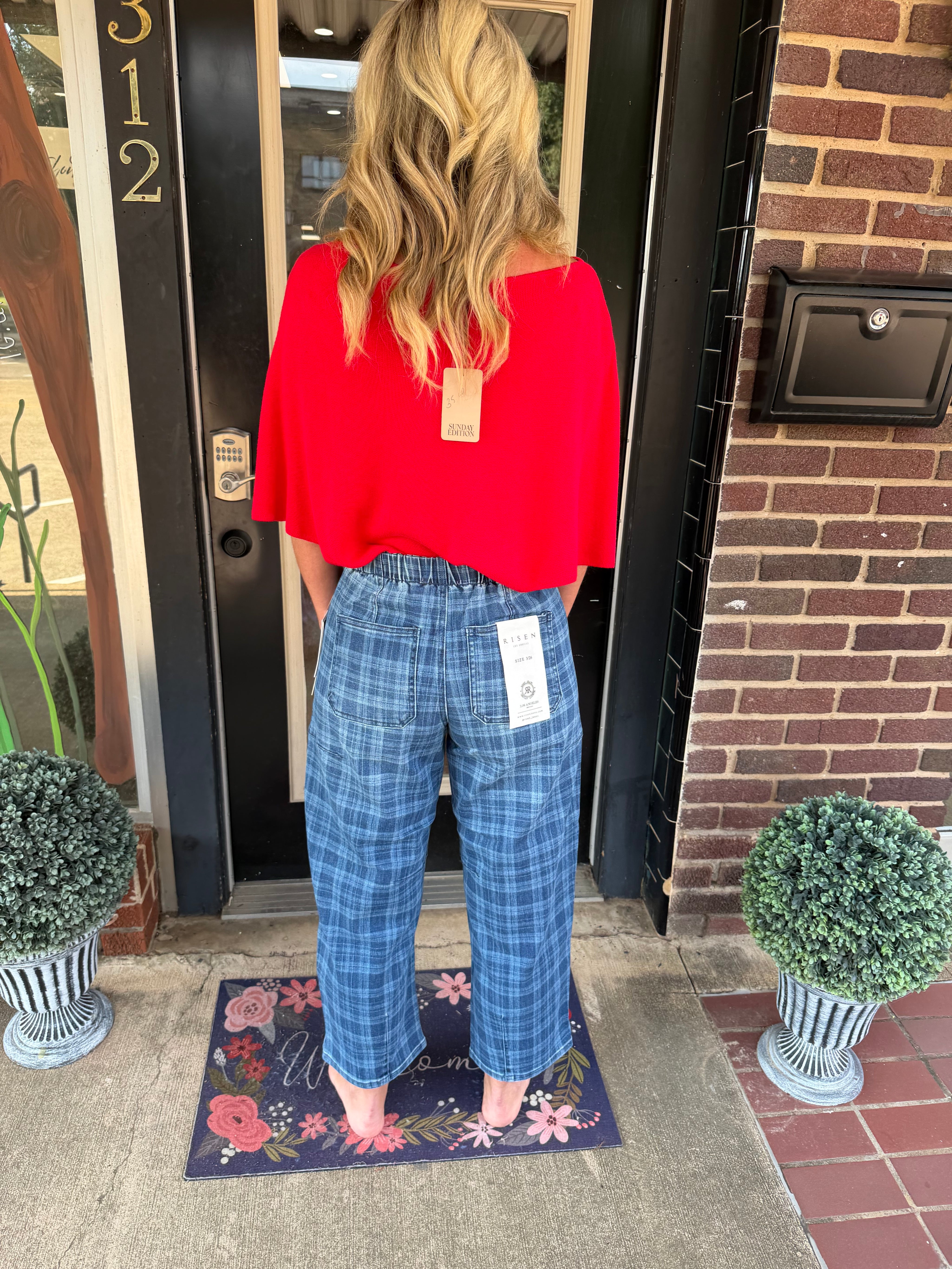 Risen Dark Plaid About You Drawstring Barrel Jeans