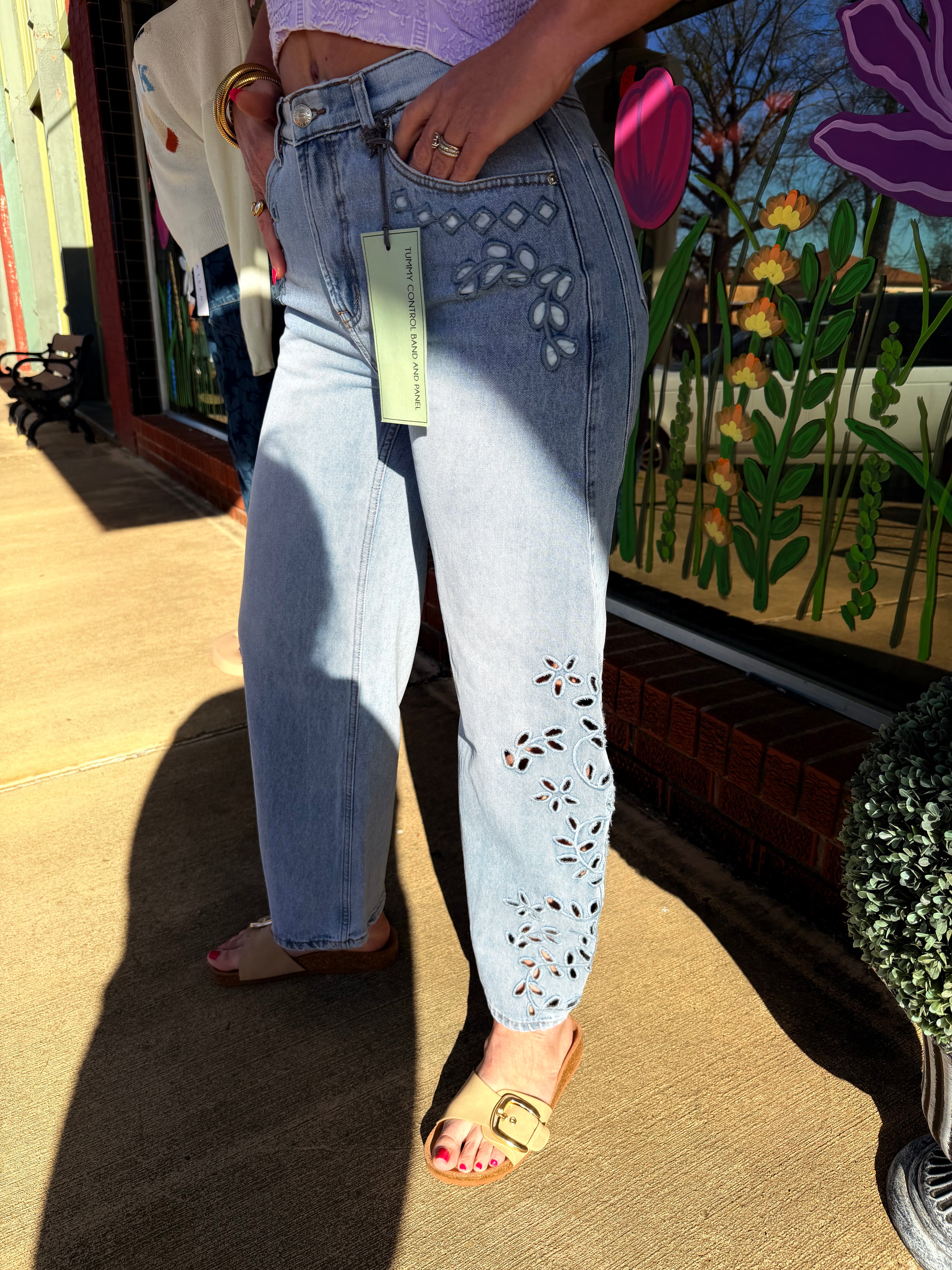 Tummy control petal cutout jeans