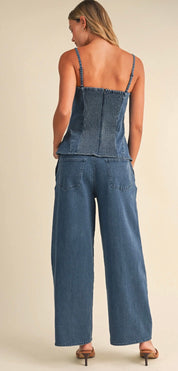 Denim Peplum Top & Wide Leg Pants Set