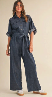 Denim Days Button-Front Wide-Leg Jumpsuit