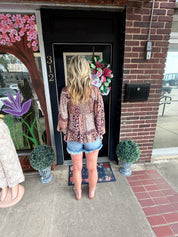 Boho brown Patchwork Floral Blouse – Smocked Peasant Top with Bell Sleeves