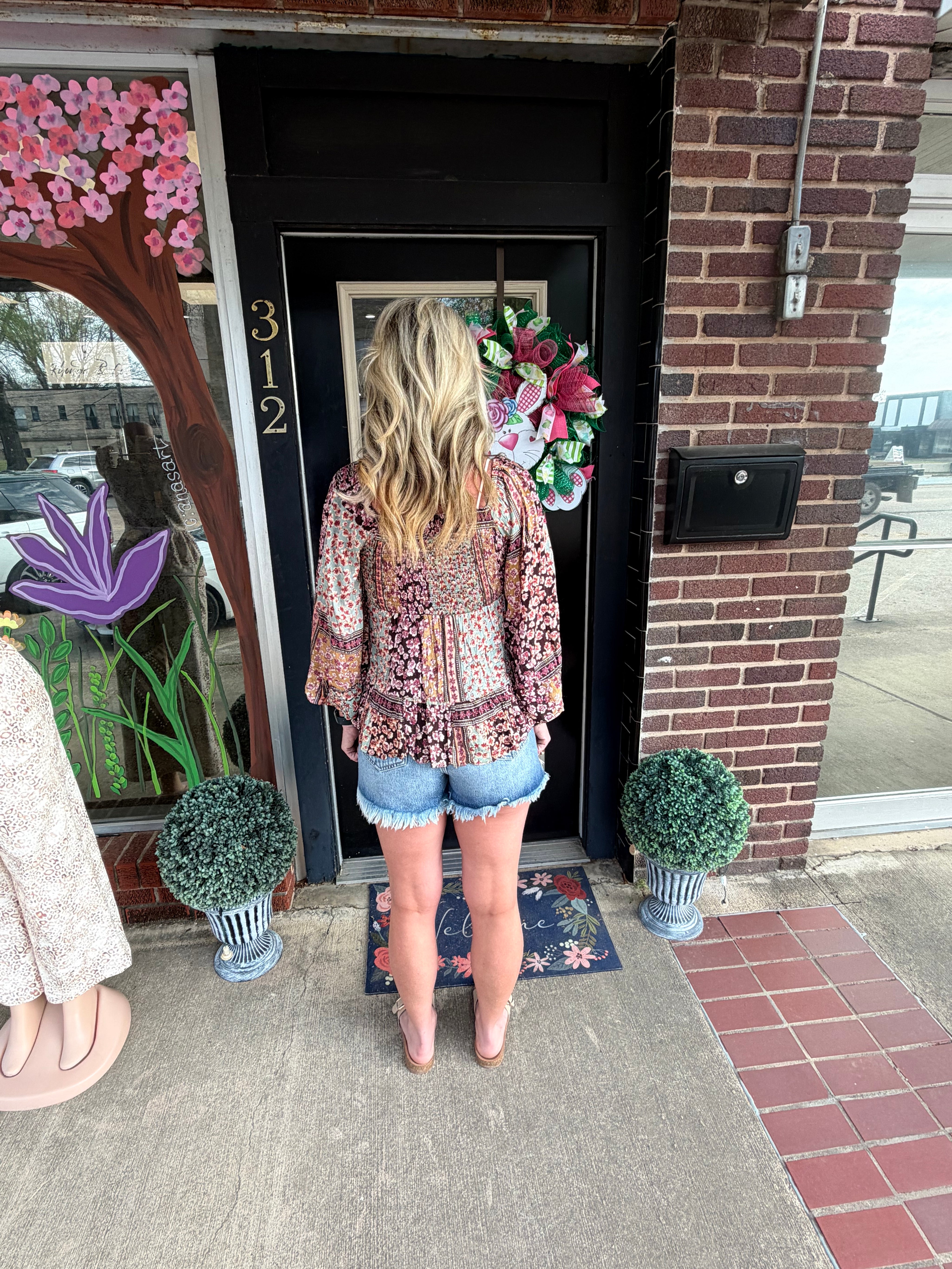 Boho brown Patchwork Floral Blouse – Smocked Peasant Top with Bell Sleeves