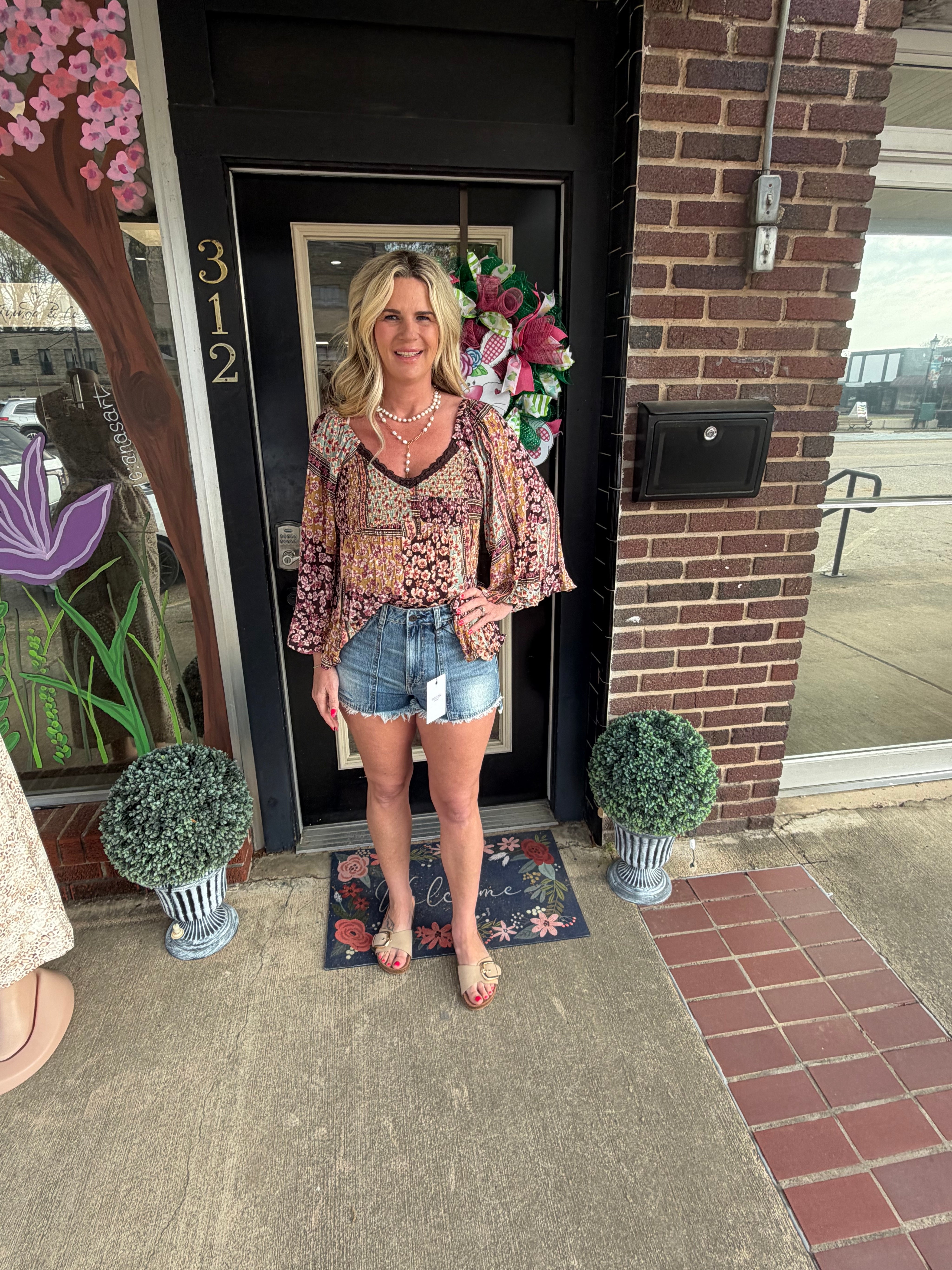Boho brown Patchwork Floral Blouse – Smocked Peasant Top with Bell Sleeves