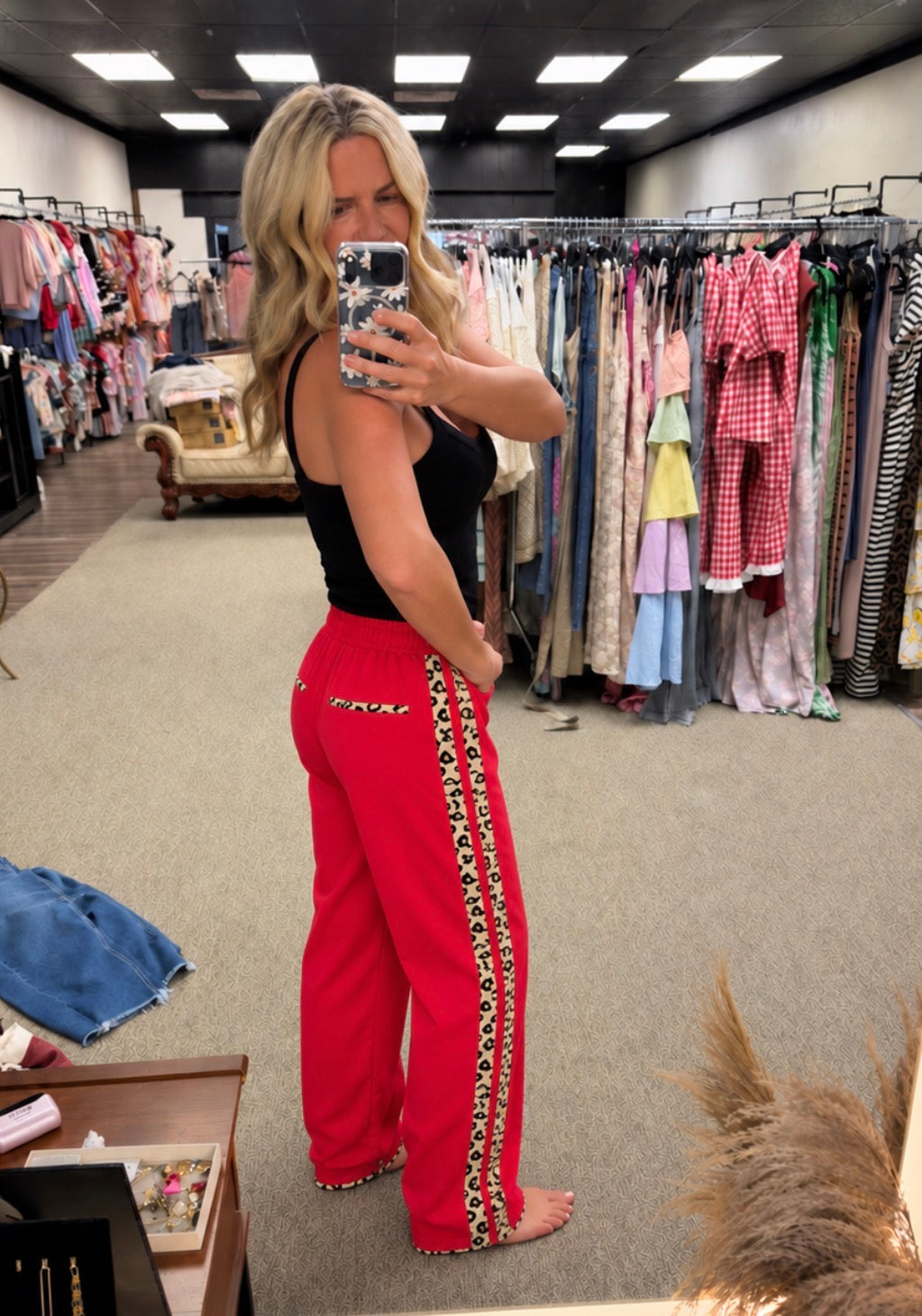 Wild Side Red Leopard Stripe Track Pants | Women’s Wide-Leg Athletic Pants