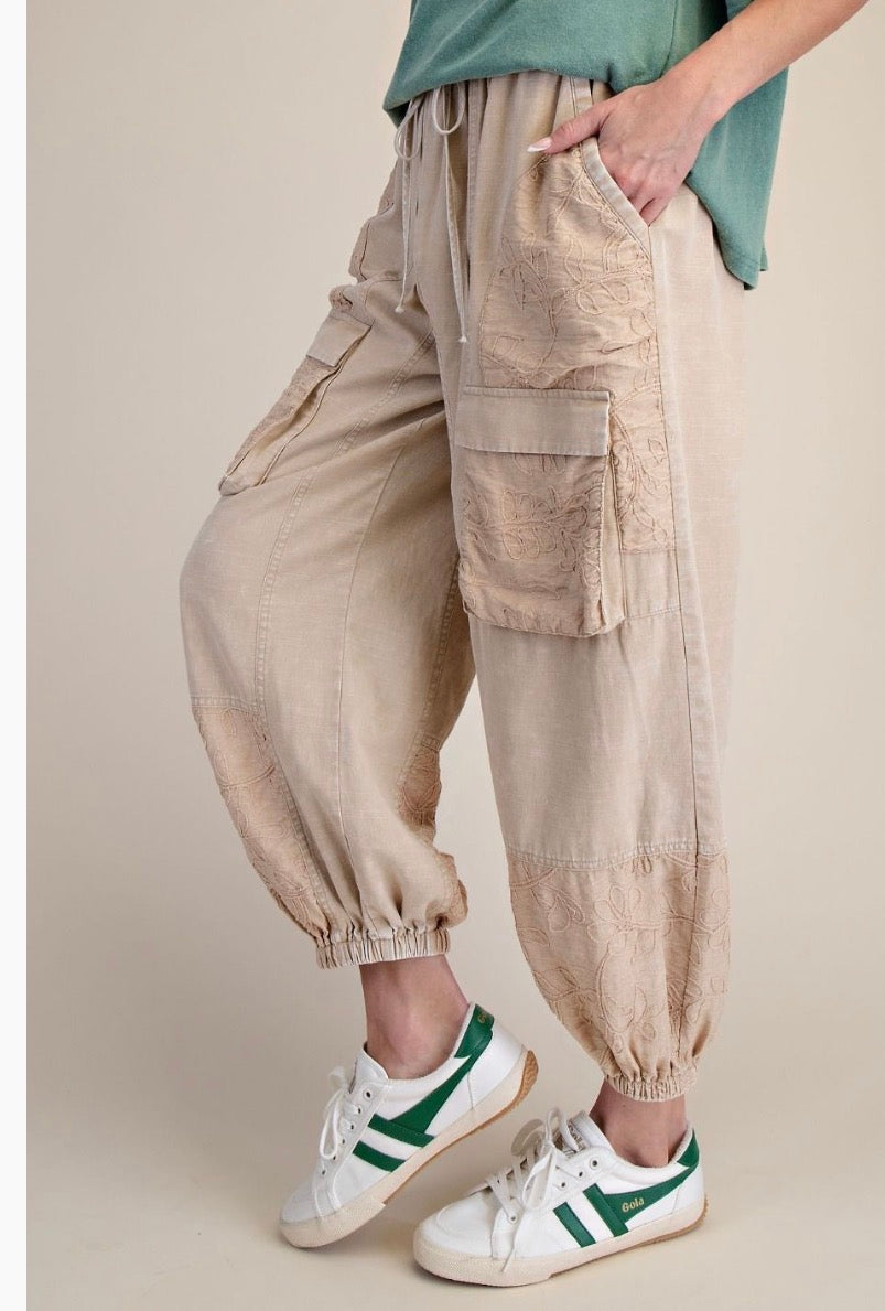 Boho Embroidered Cargo Jogger Pants
