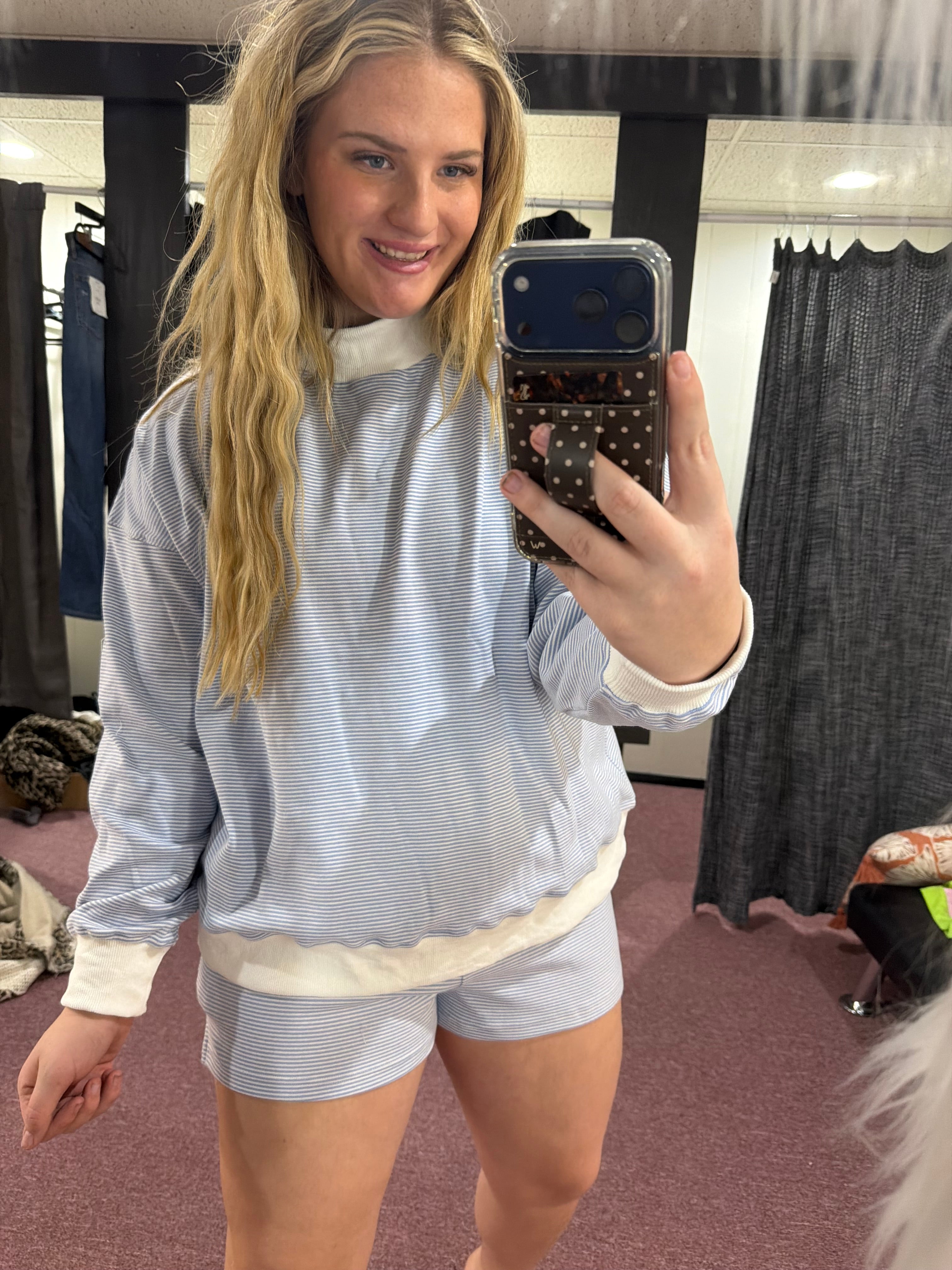 Blue striped mock neck sweatshirt