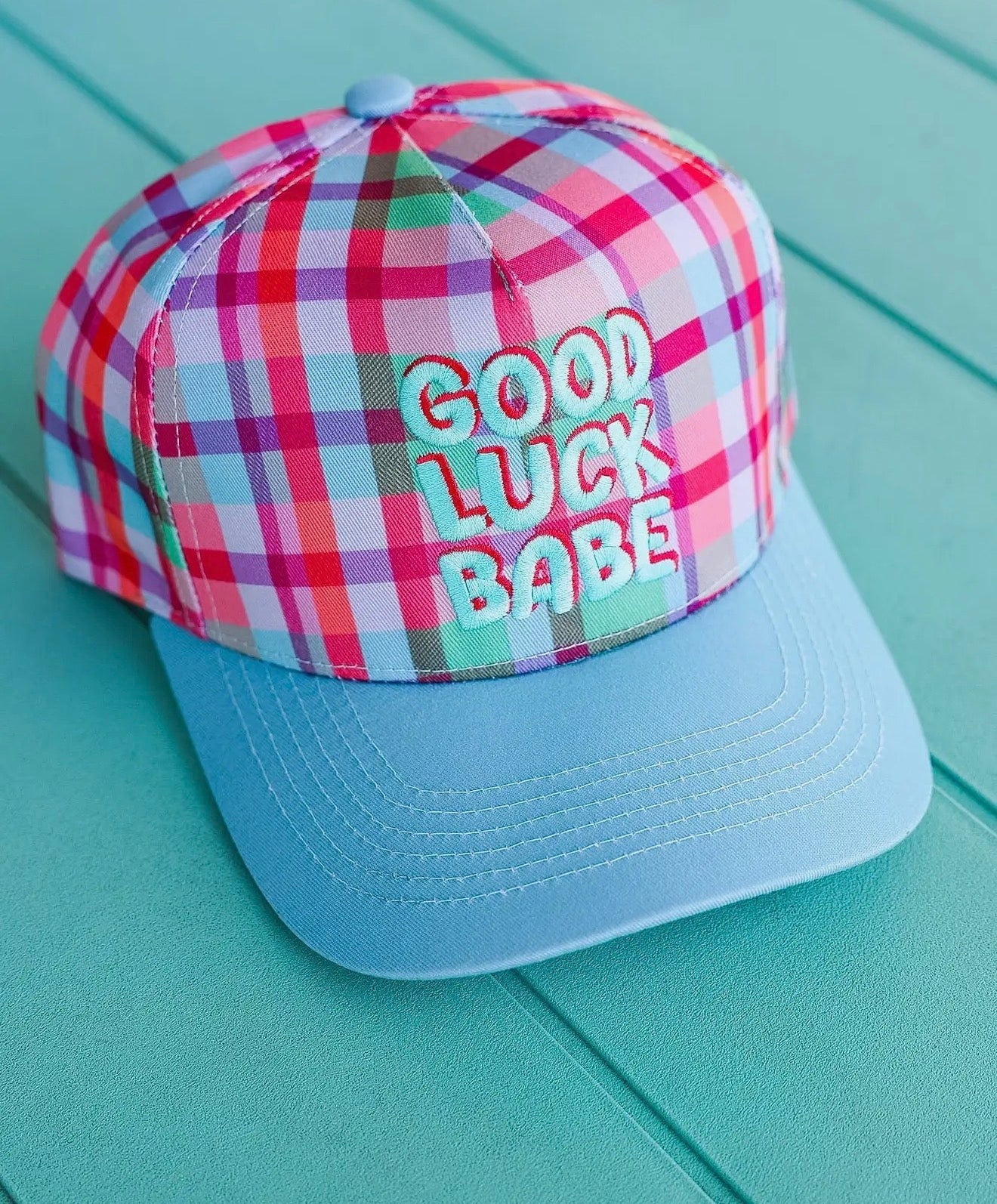 Good Luck Babe Plaid Trucker Hat – Colorful Retro Graphic Cap