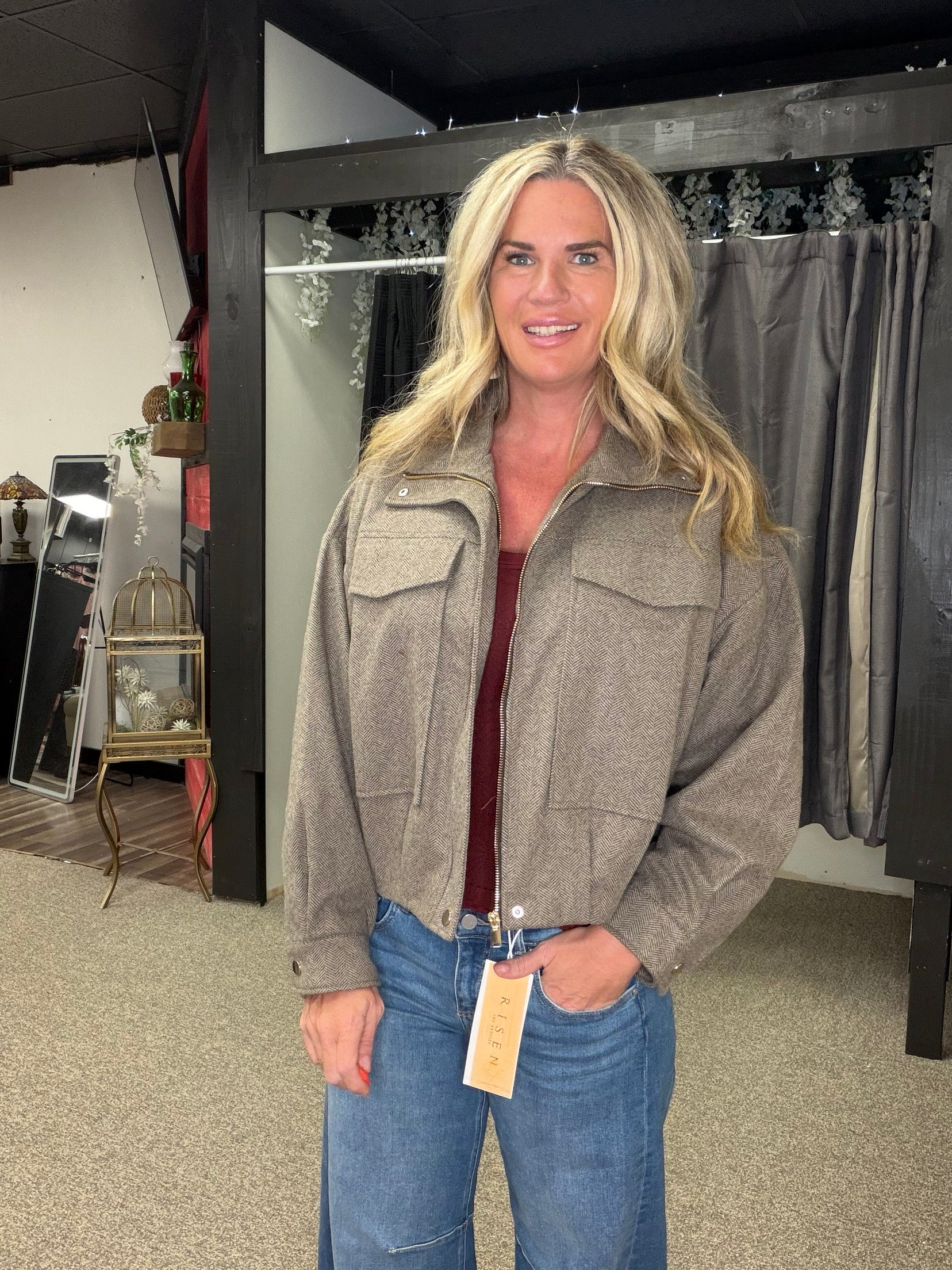 Herringbone Cropped Zip-Up Jacket