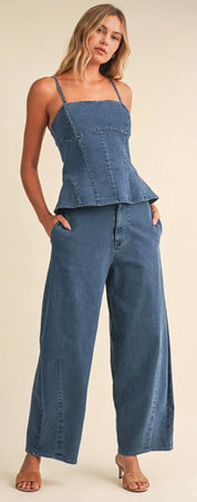 Denim Peplum Top & Wide Leg Pants Set