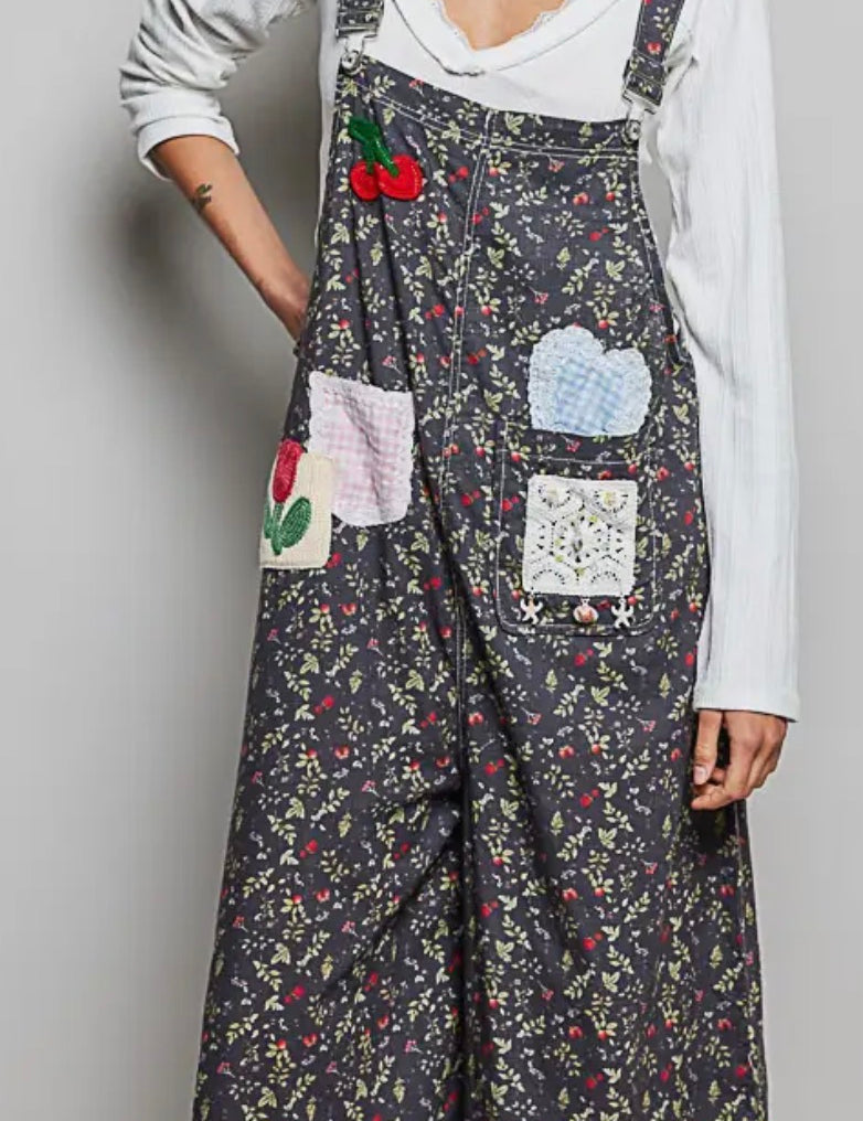 POL Cherry Picked Patchwork Lace Overalls