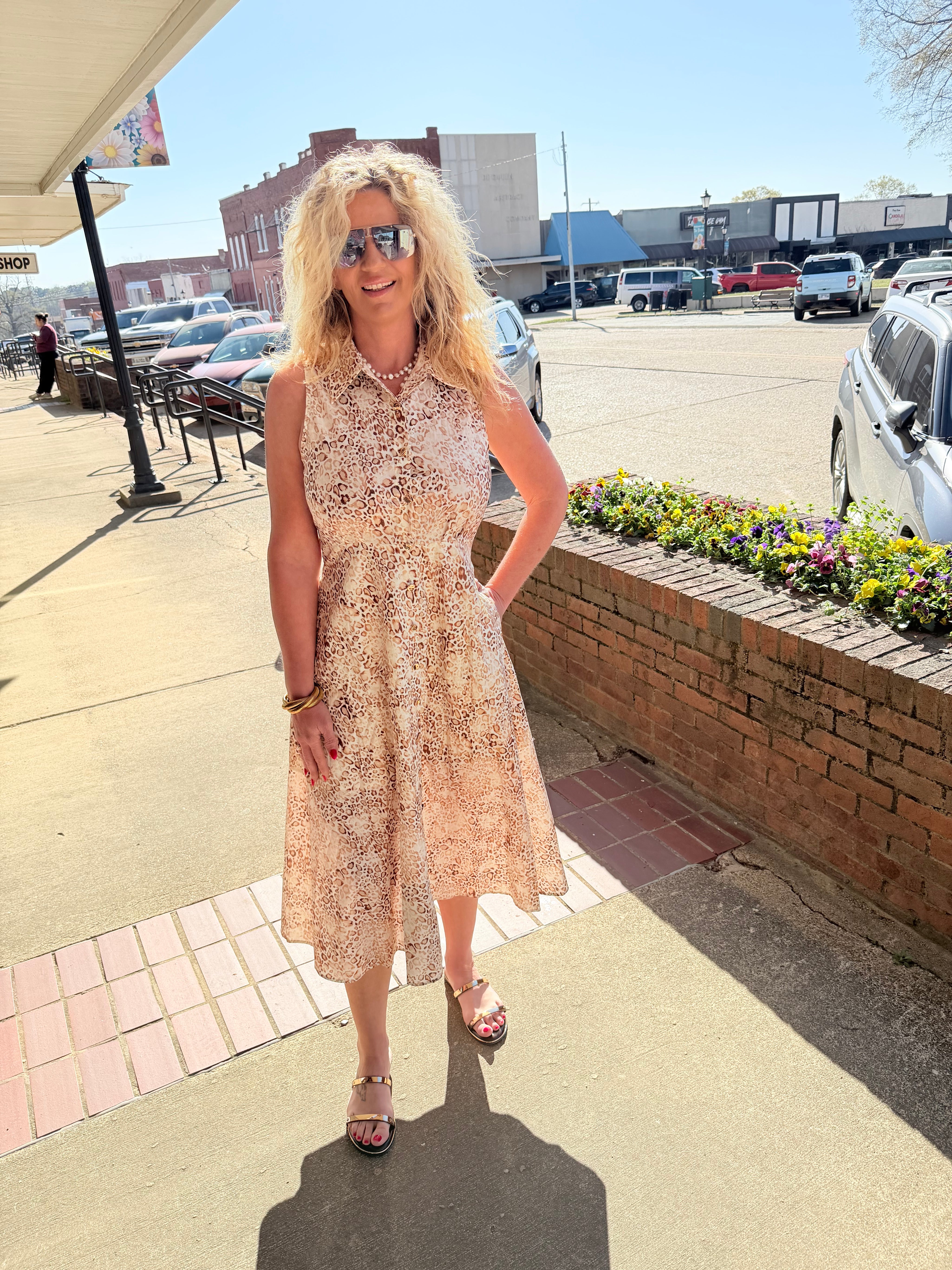 Golden Savannah Leopard Button-Front Midi Dress