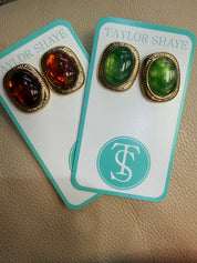 Vintage Gem Statement Stud Earrings – Gold Filled Oval Stone