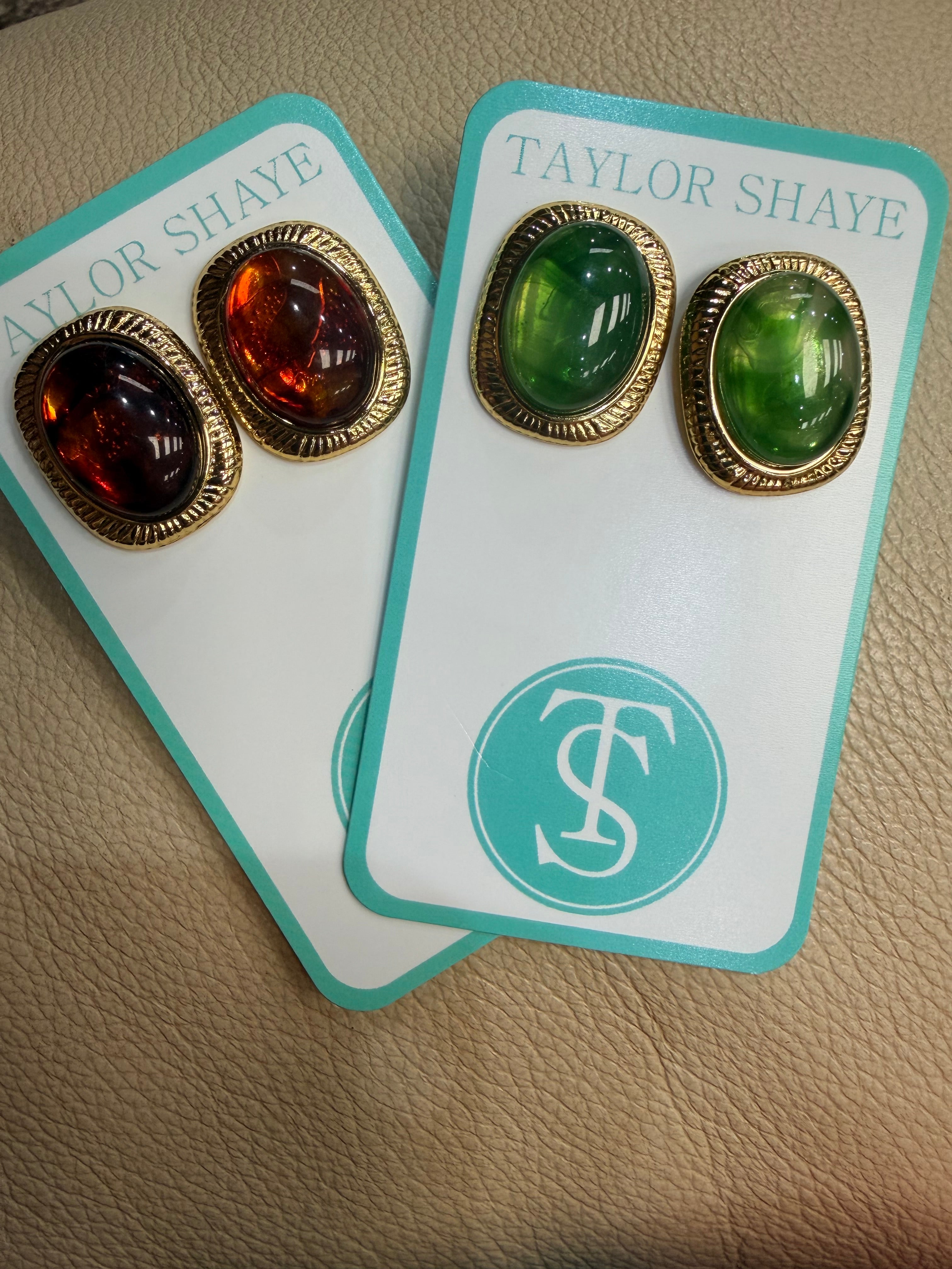 Vintage Gem Statement Stud Earrings – Gold Filled Oval Stone