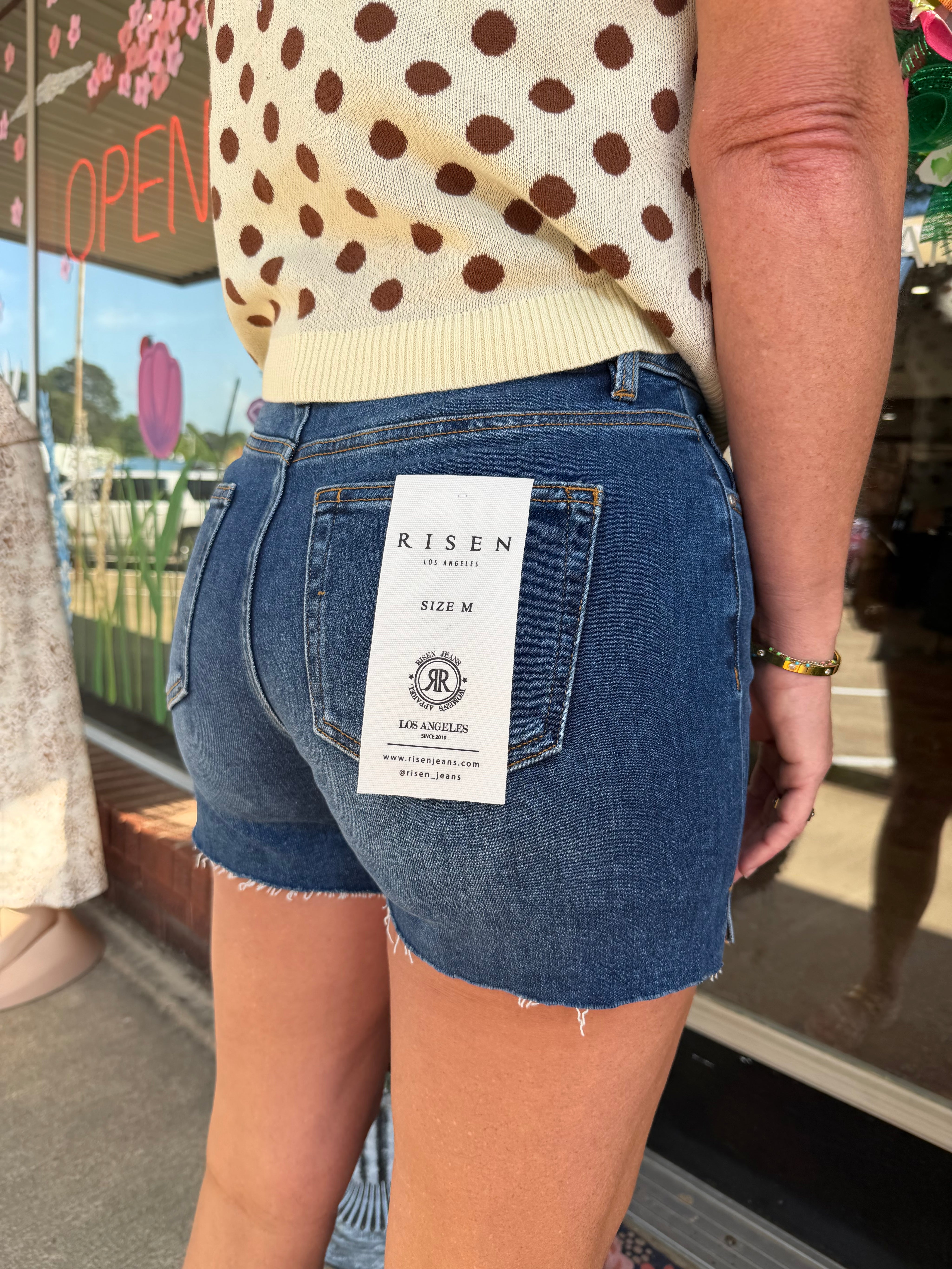 Risen “Everyday Essential” High Rise Raw Hem Denim Shorts