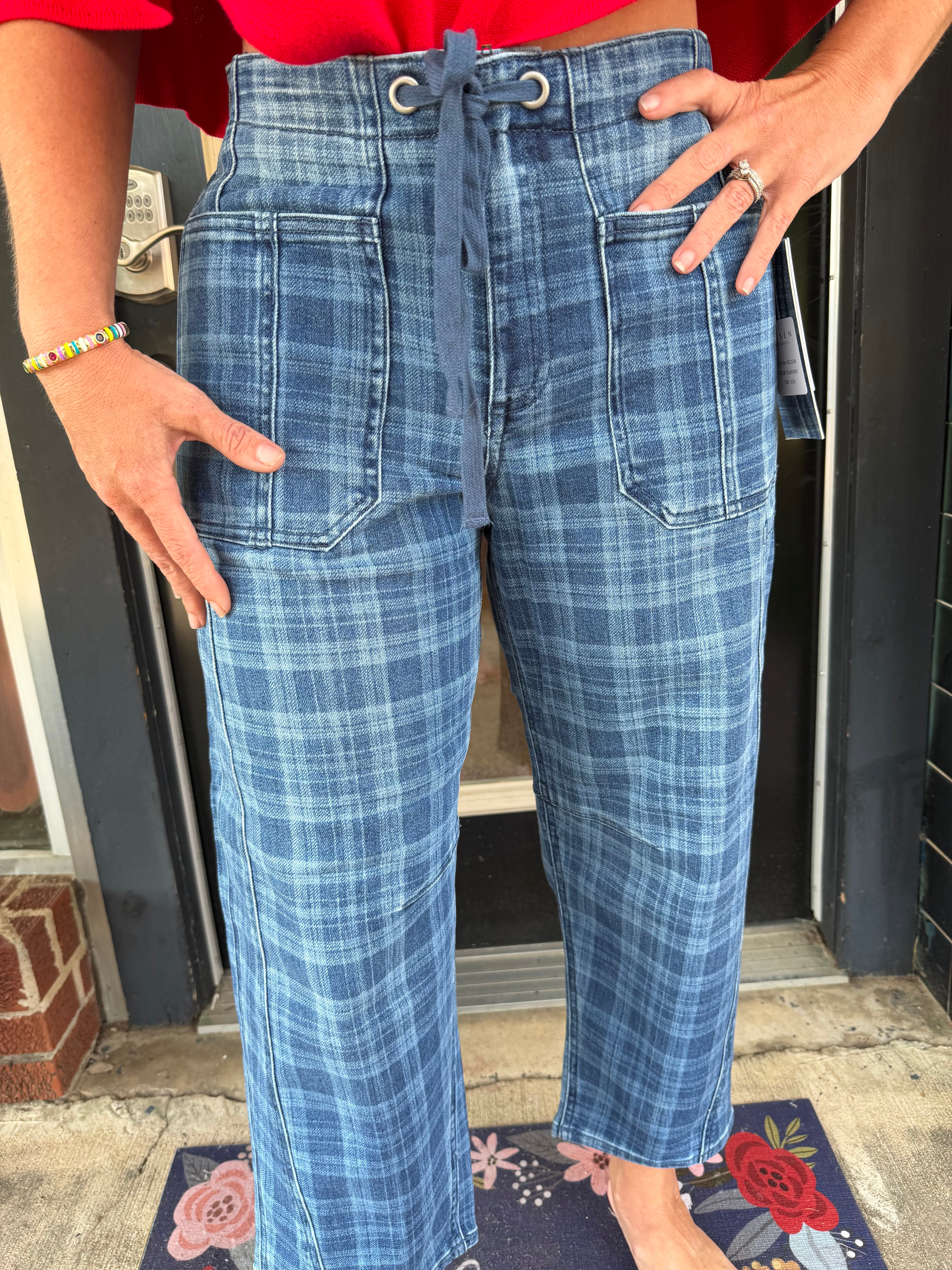 Risen Dark Plaid About You Drawstring Barrel Jeans