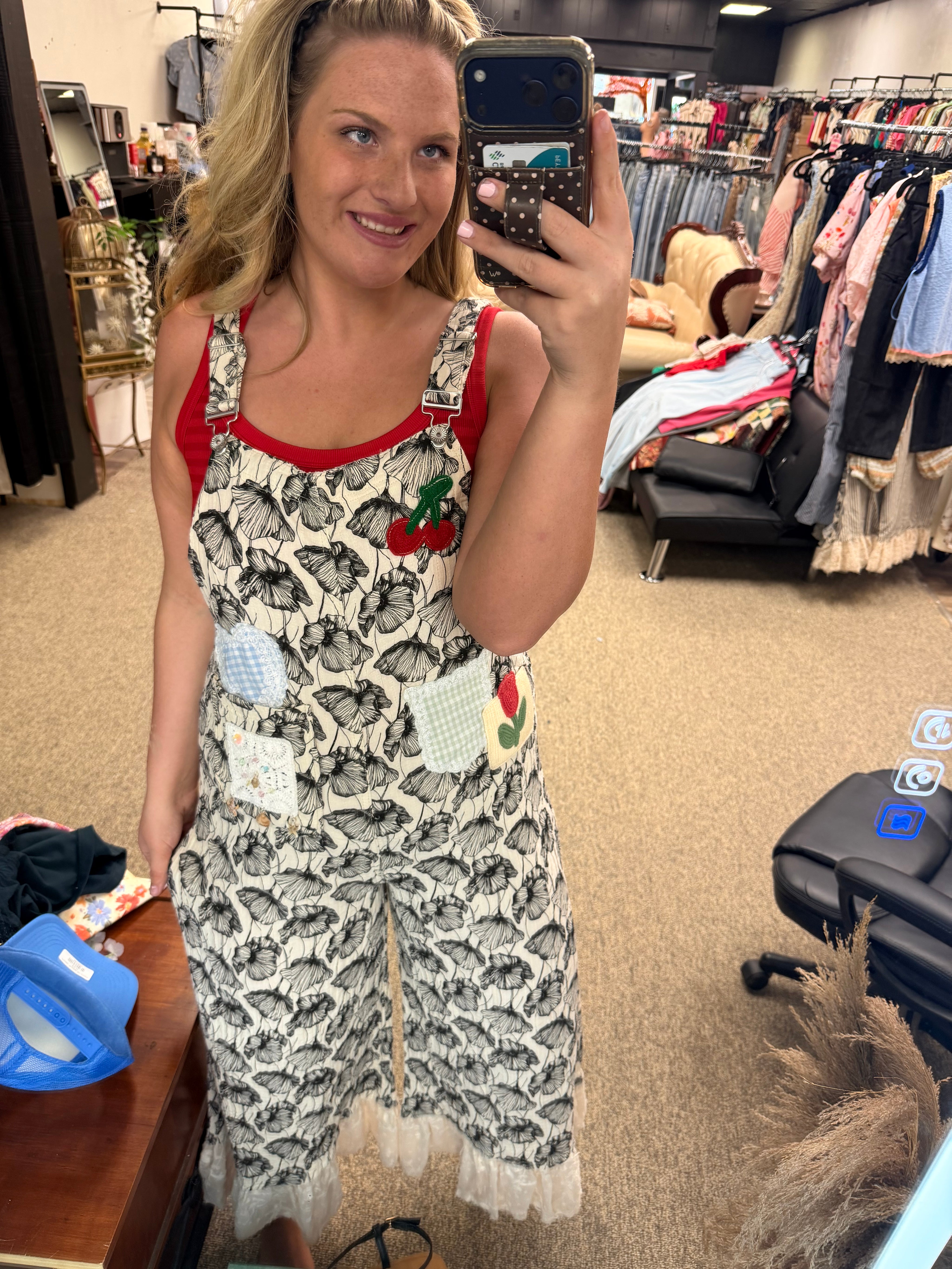 POL Cherry Picked Patchwork Lace Overalls