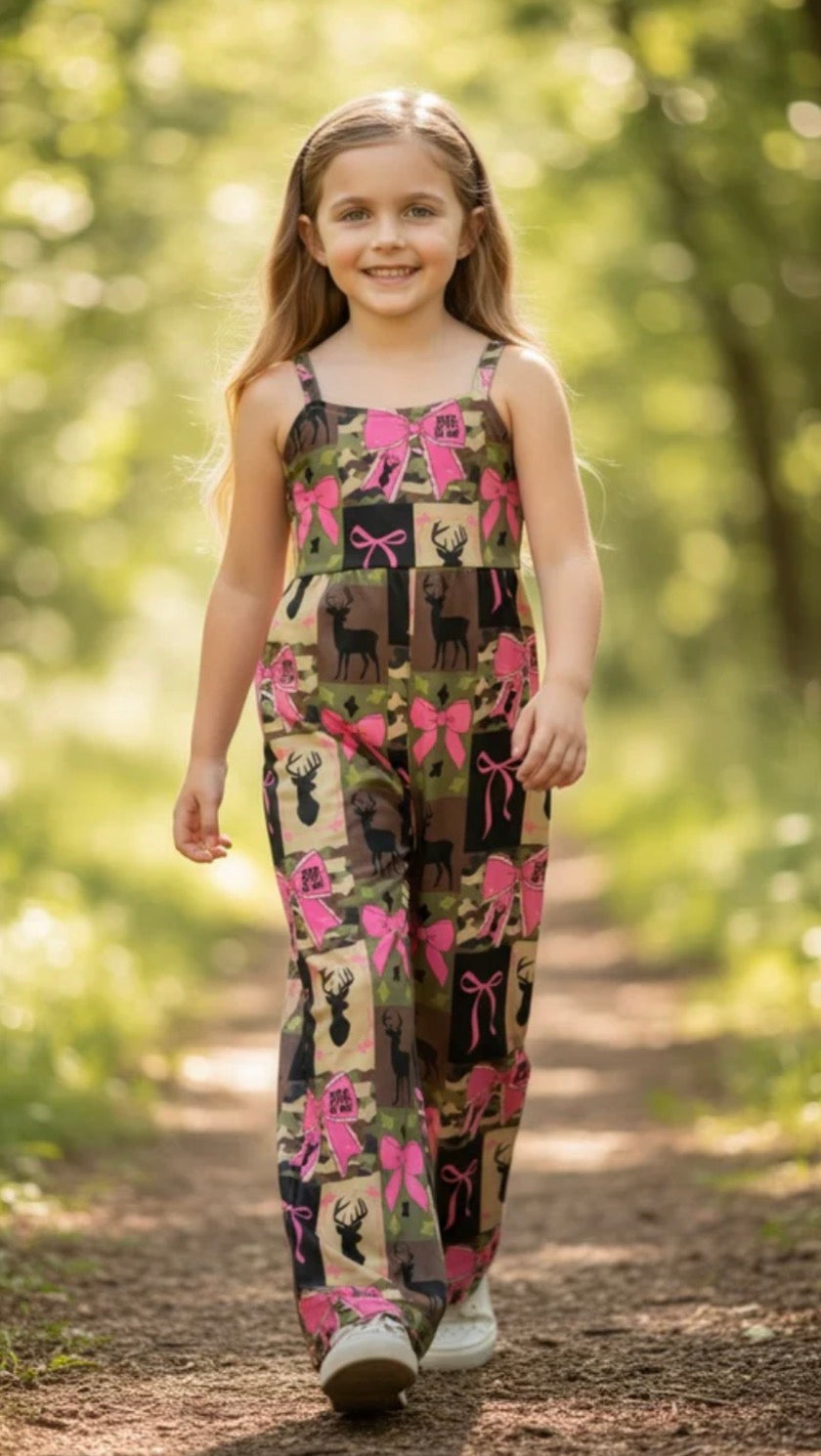 Little girls pink bow camo overalls
