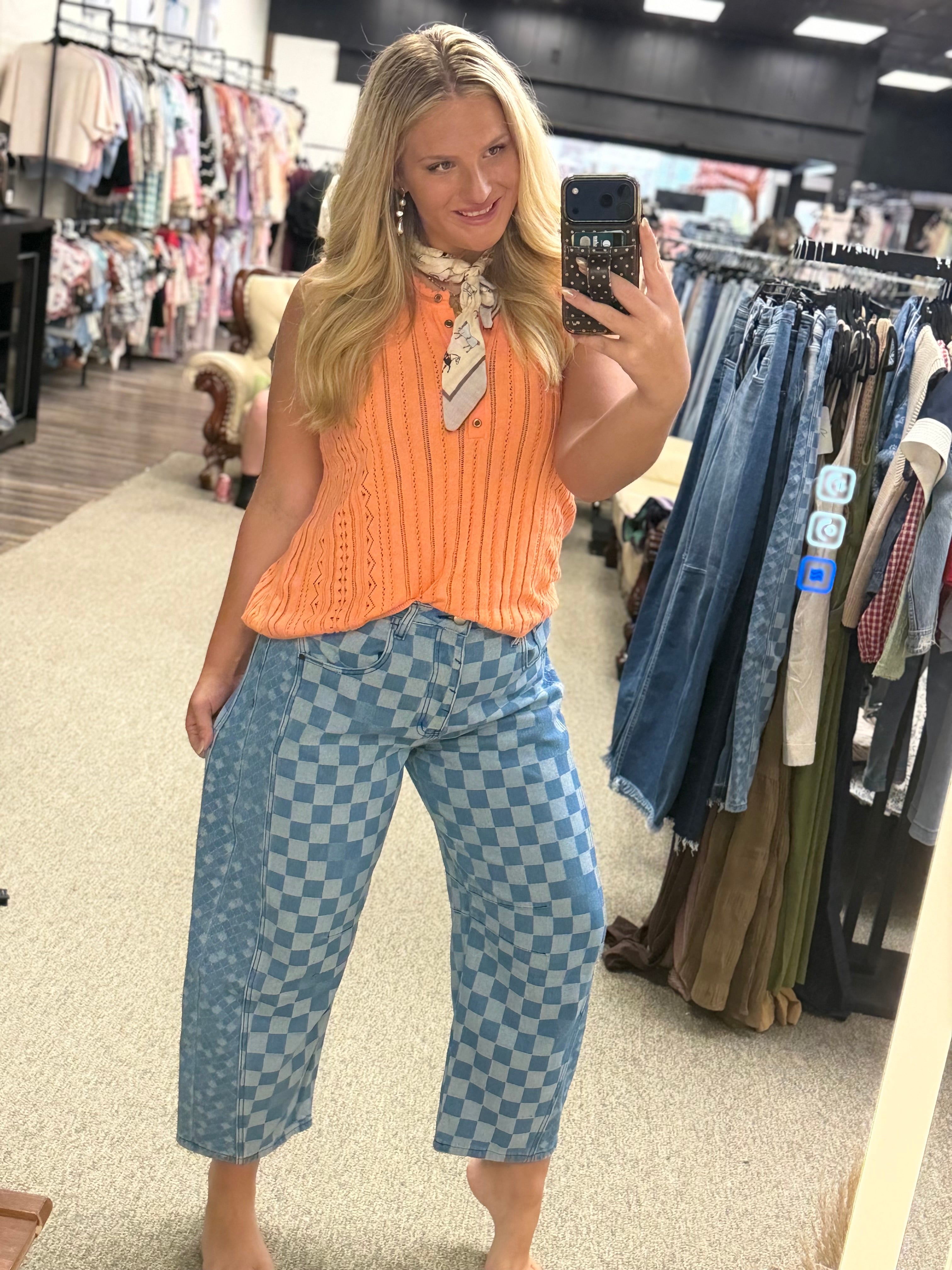 Check Mate Button-Fly Barrel Jeans