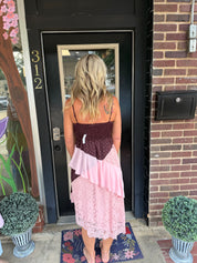 Blush & Bordeaux Patchwork Lace Midi Dress