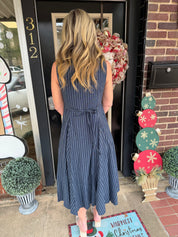 Midnight Pinstripe Button-Front Dress