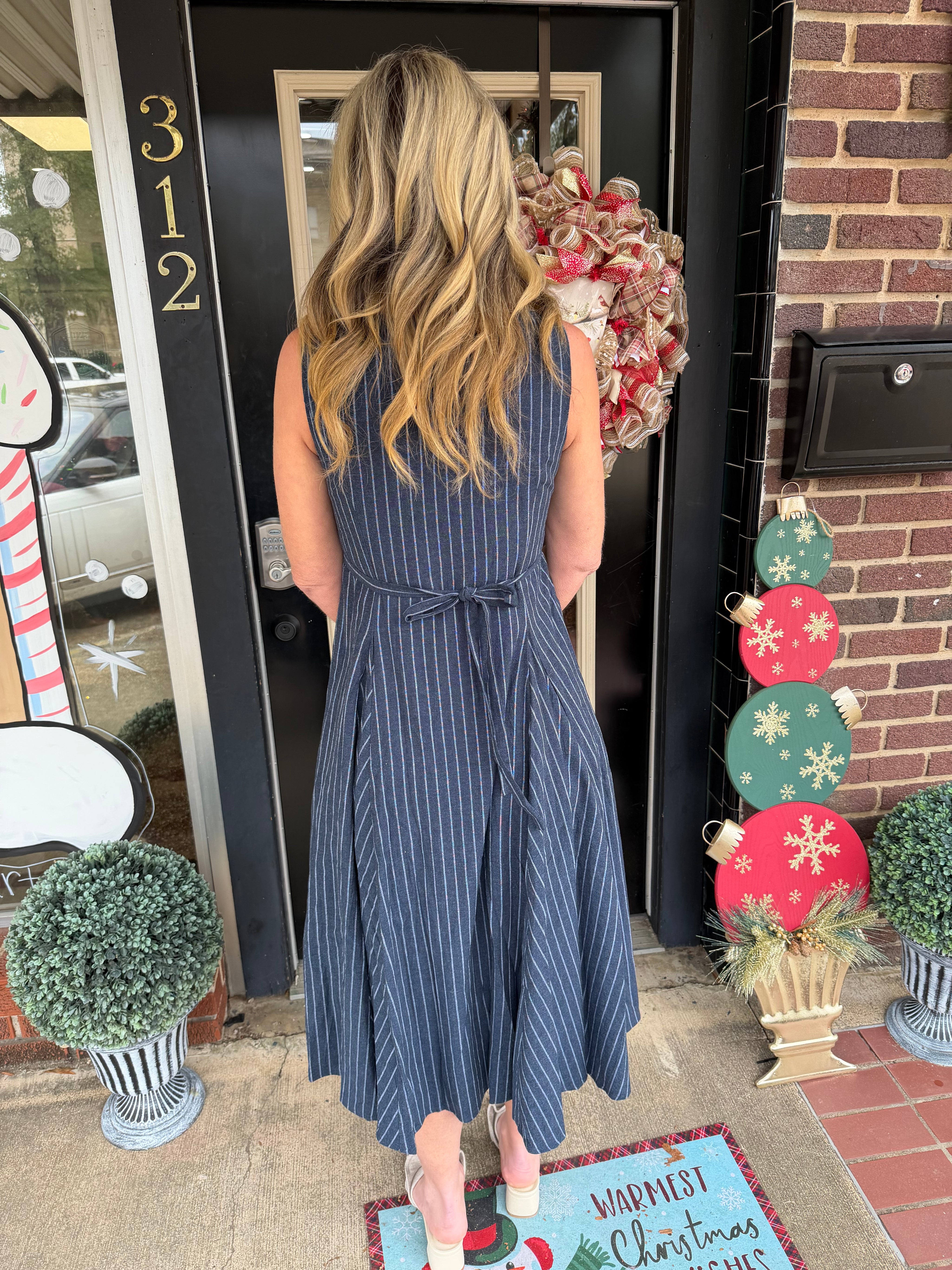 Midnight Pinstripe Button-Front Dress