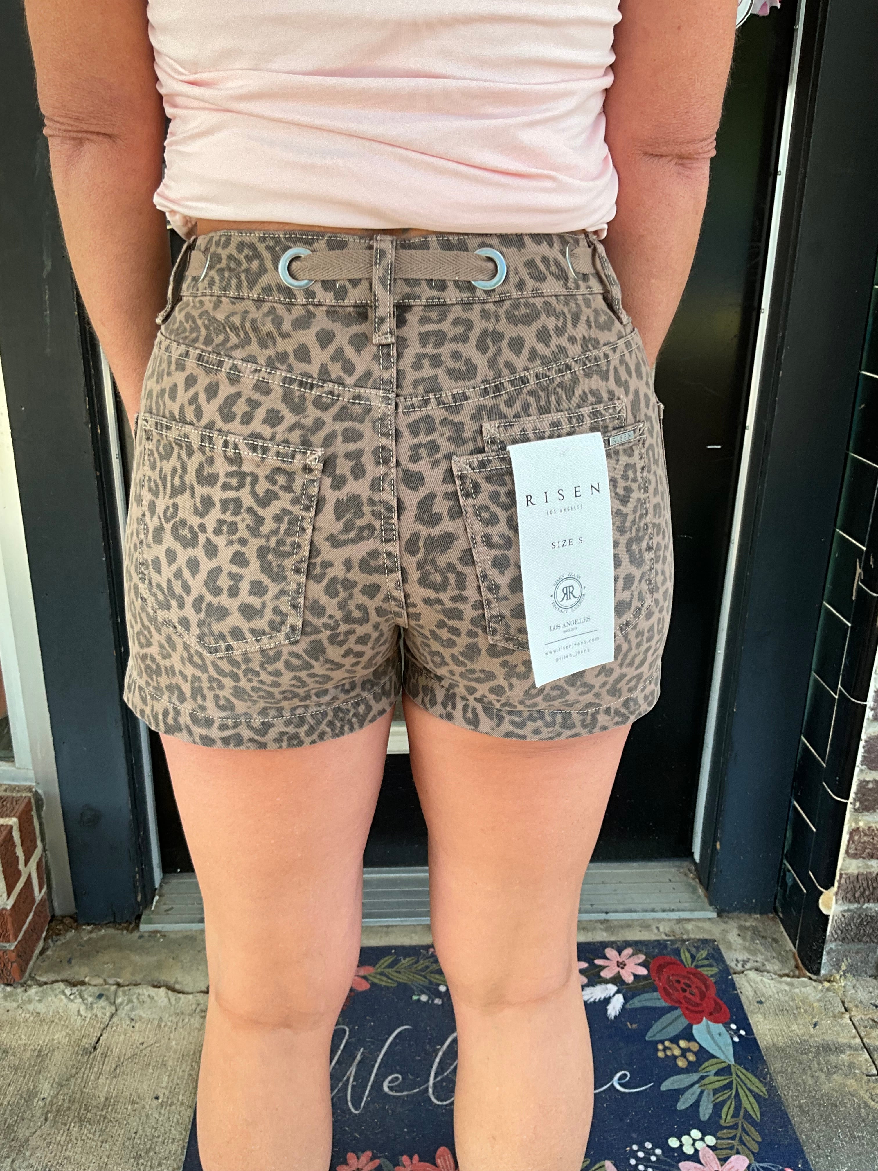 Risen Leopard Print Drawstring High Rise Shorts