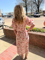 Blush Garden Button-Front Floral Midi Dress with Puff Sleeves
