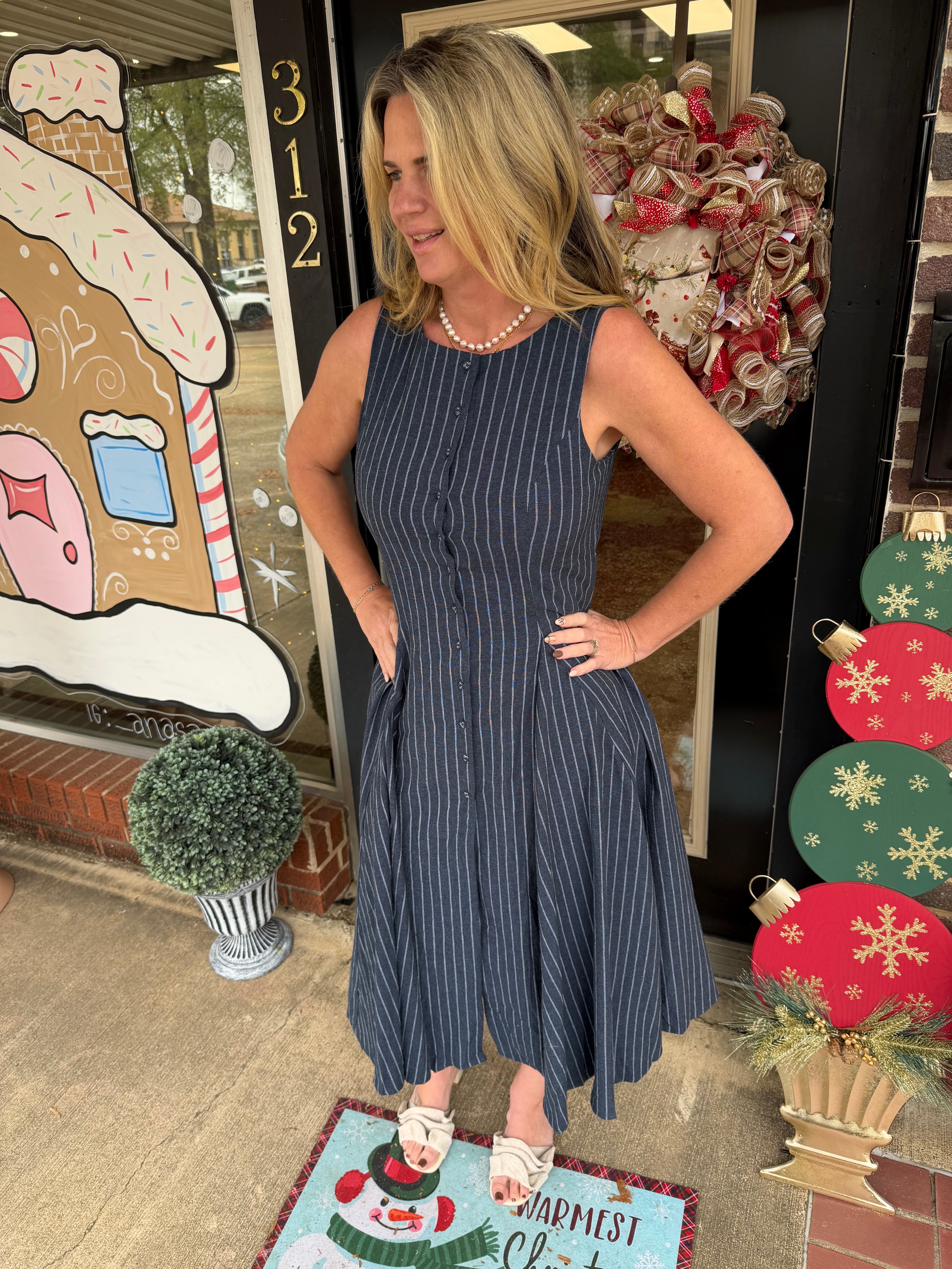 Midnight Pinstripe Button-Front Dress