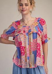 Vintage Patchwork Floral Ruffle Blouse
