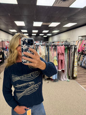 Navy Fish Graphic Cable Knit Sweater