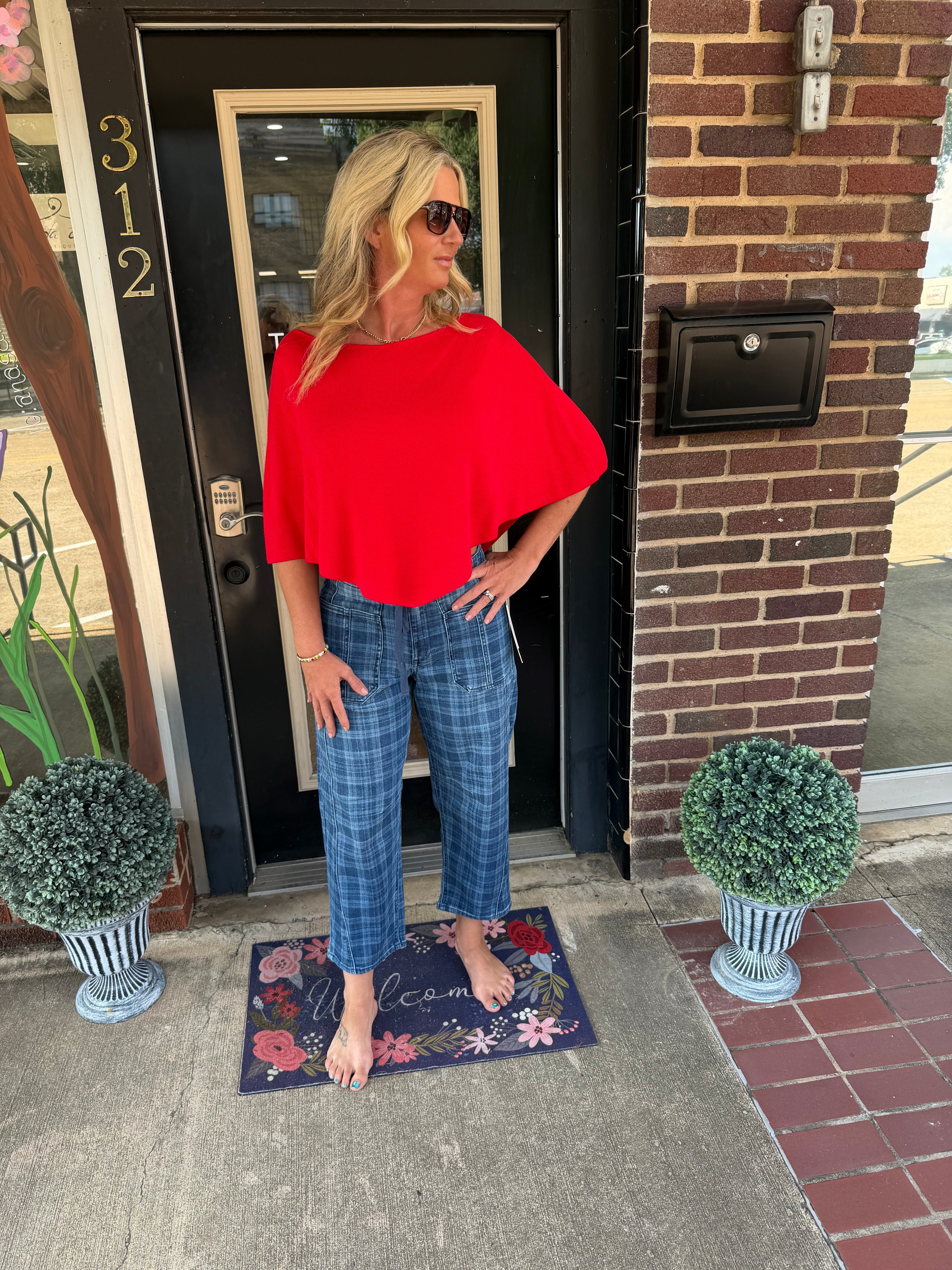 Risen Dark Plaid About You Drawstring Barrel Jeans