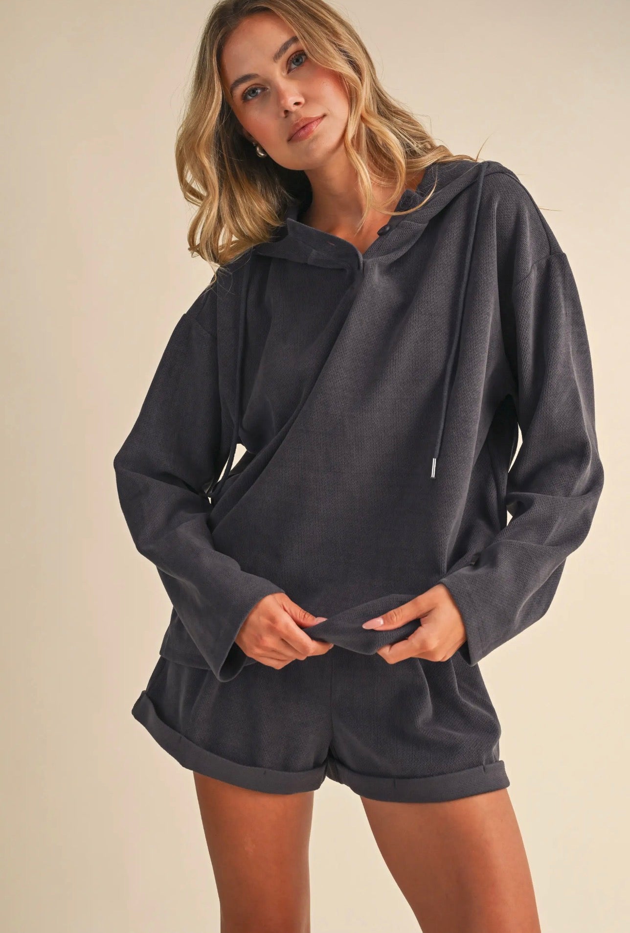 Ribbed Hooded Top & Shorts Set