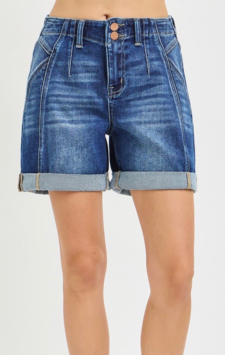 Risen “All Day Classic” High Rise Seamed Roll Up Denim Shorts