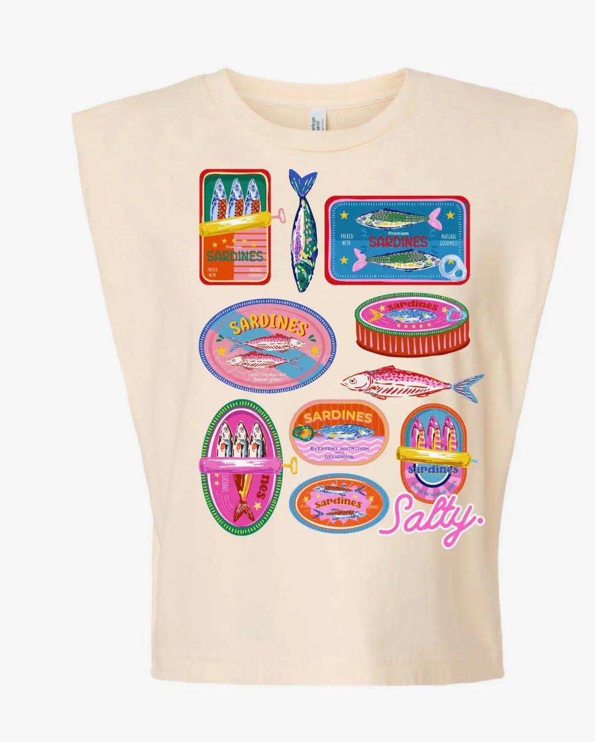 Bedazzled Sardine Graphic Muscle Tank – Vintage Coastal Sparkle Tee