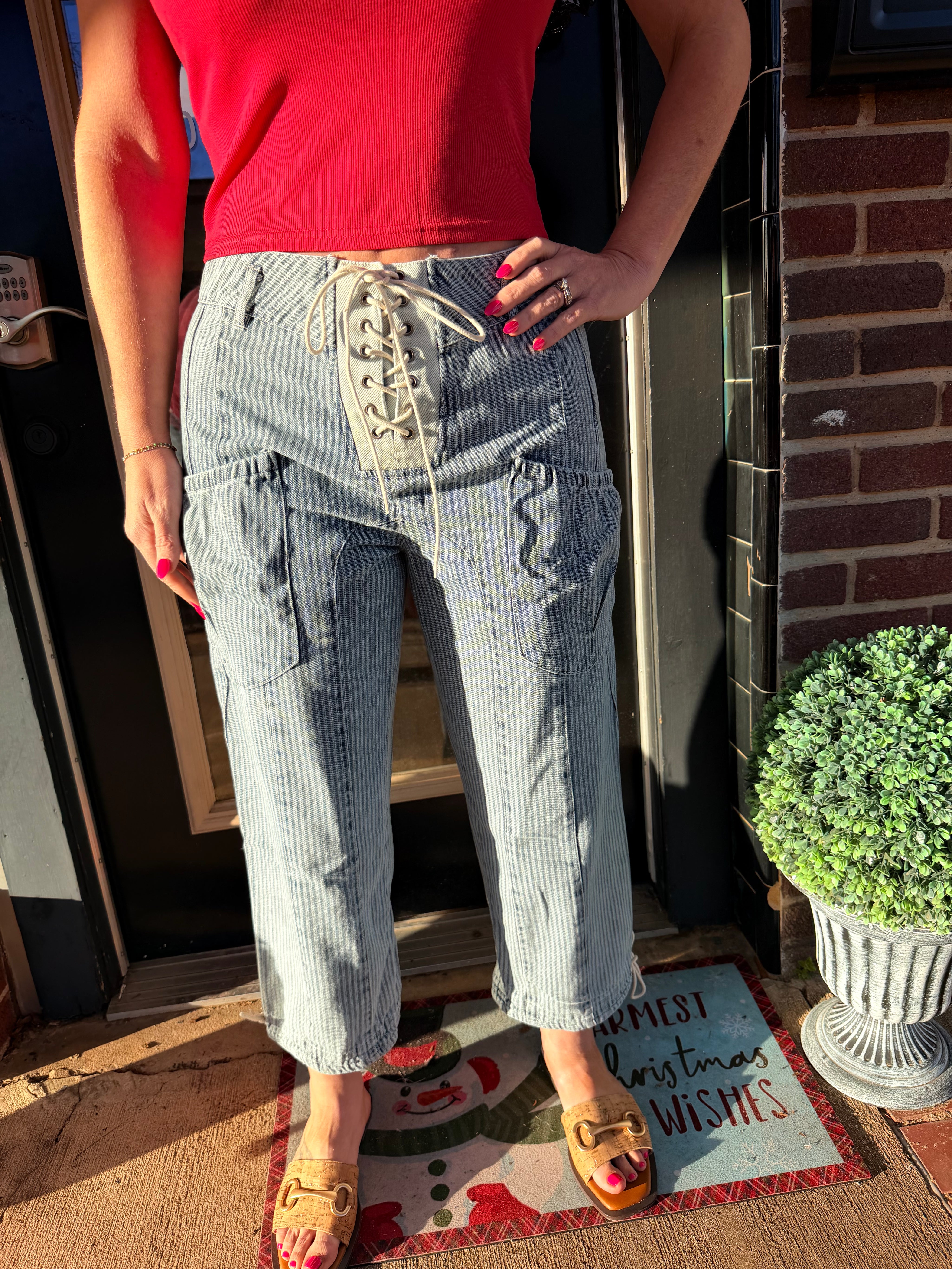 Harbor Stripe Lace-Up Denim Joggers