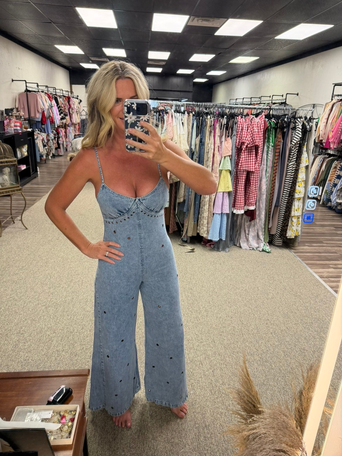 Embellished Denim Wide Leg Overall Jumpsuit