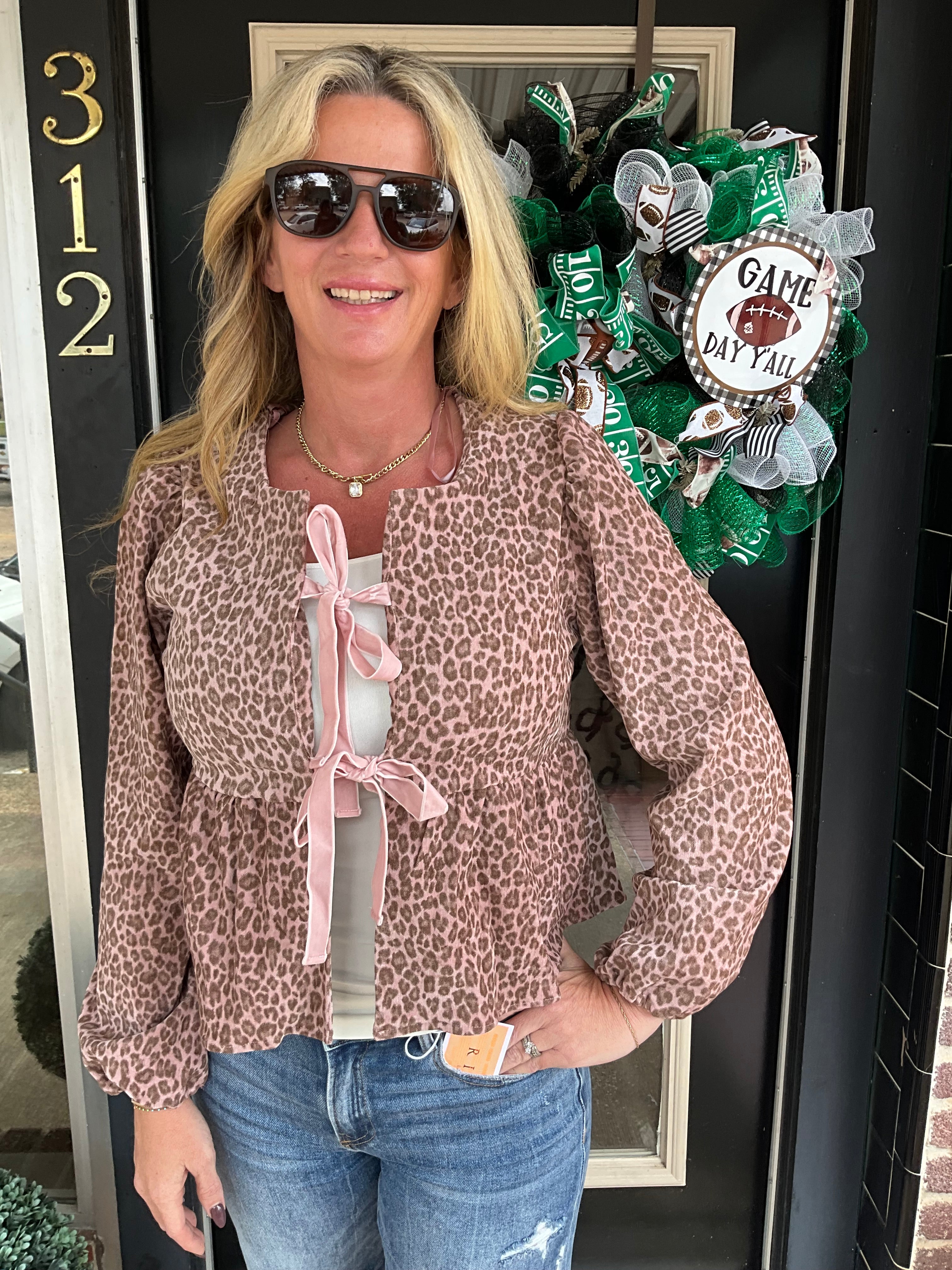Pink leopard bow tie front
