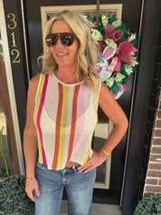 Sunset Stripe Open Knit Cropped Tank Top