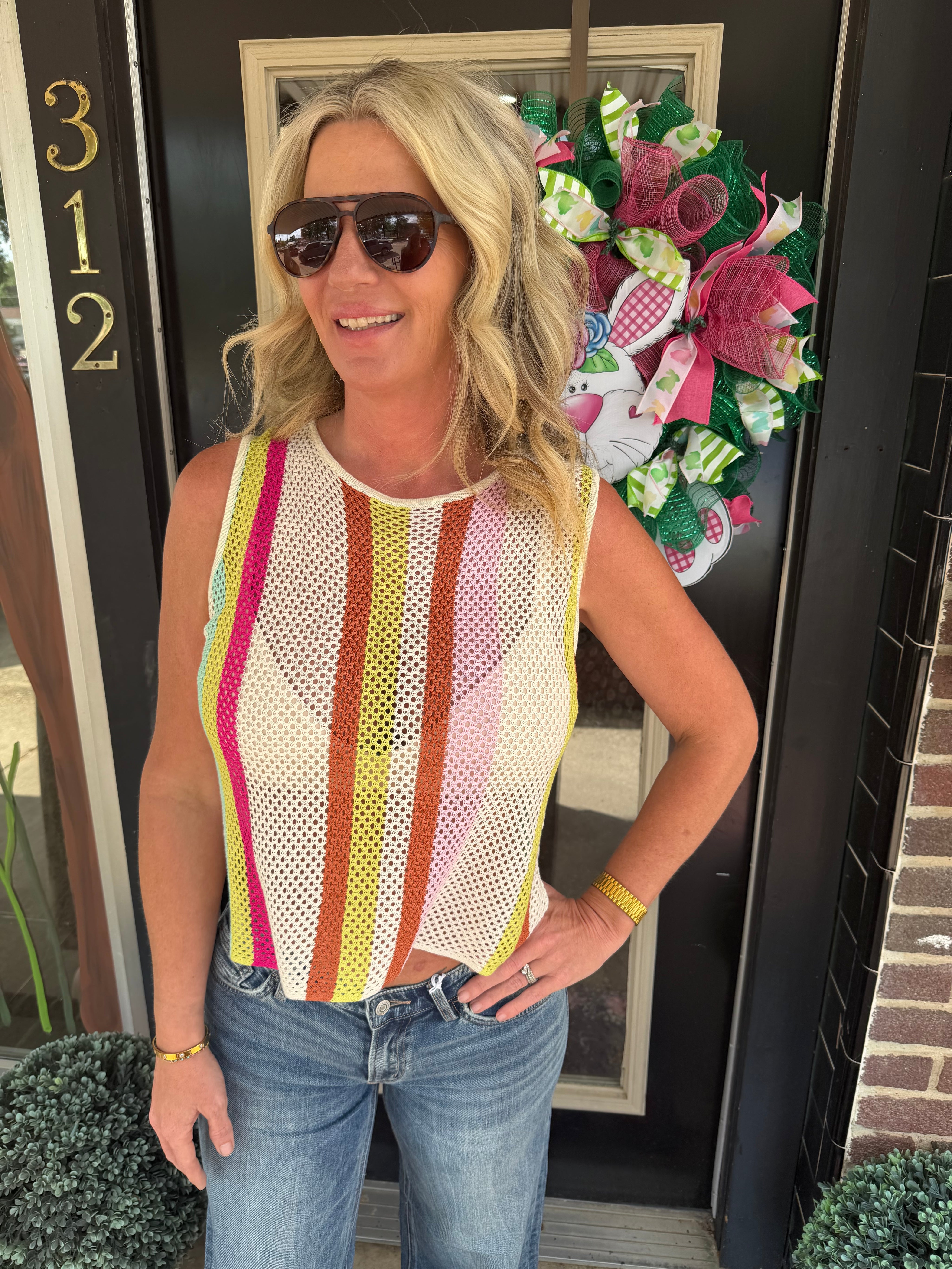 Sunset Stripe Open Knit Cropped Tank Top