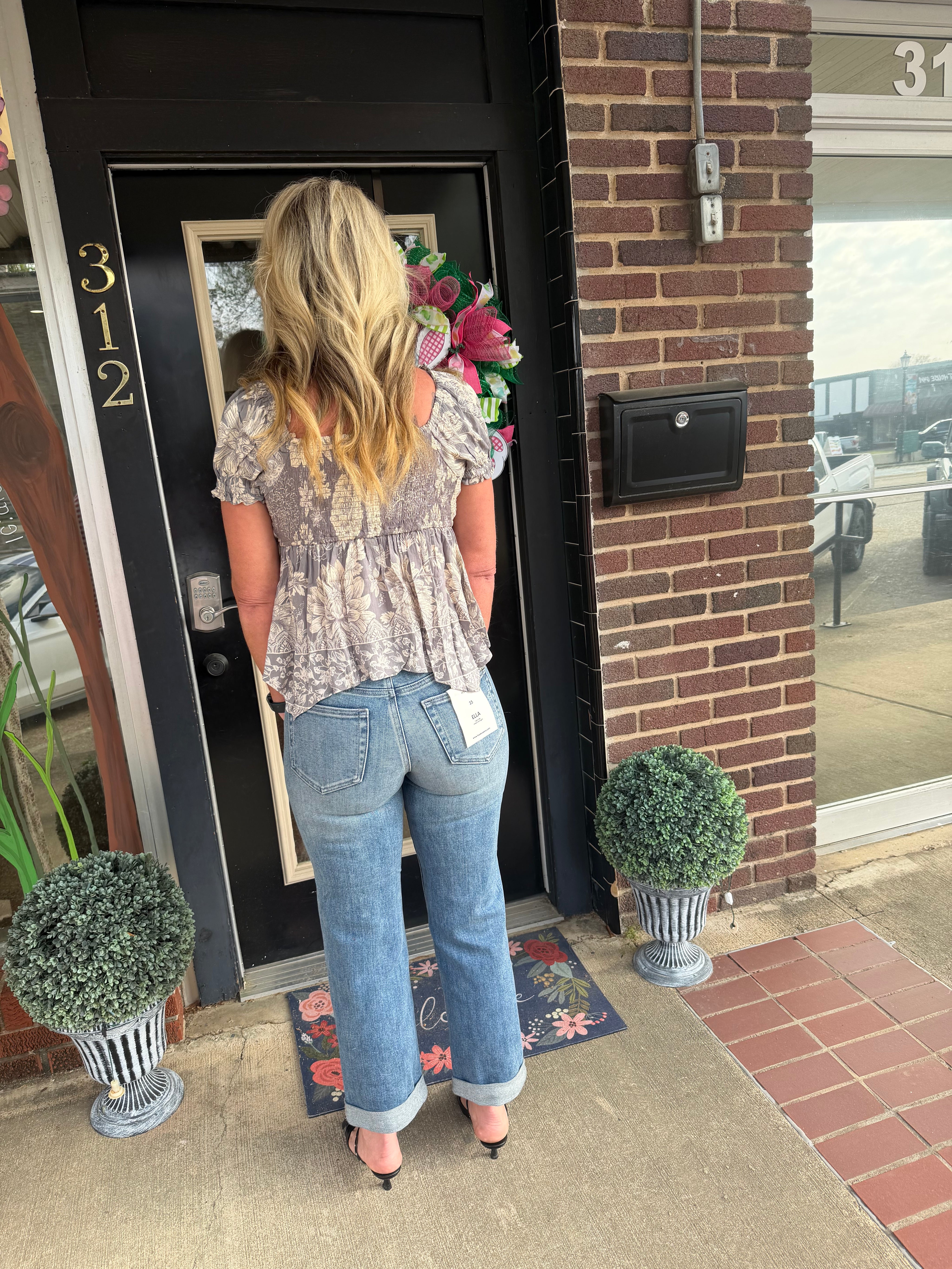 Soft silver Floral Smocked Peplum Blouse with Tie Neckline