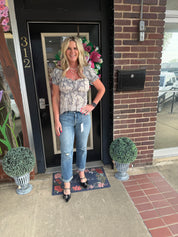 Soft silver Floral Smocked Peplum Blouse with Tie Neckline