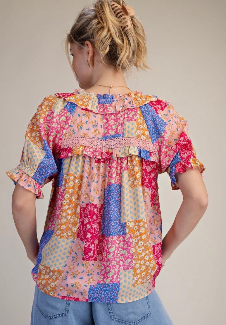 Vintage Patchwork Floral Ruffle Blouse