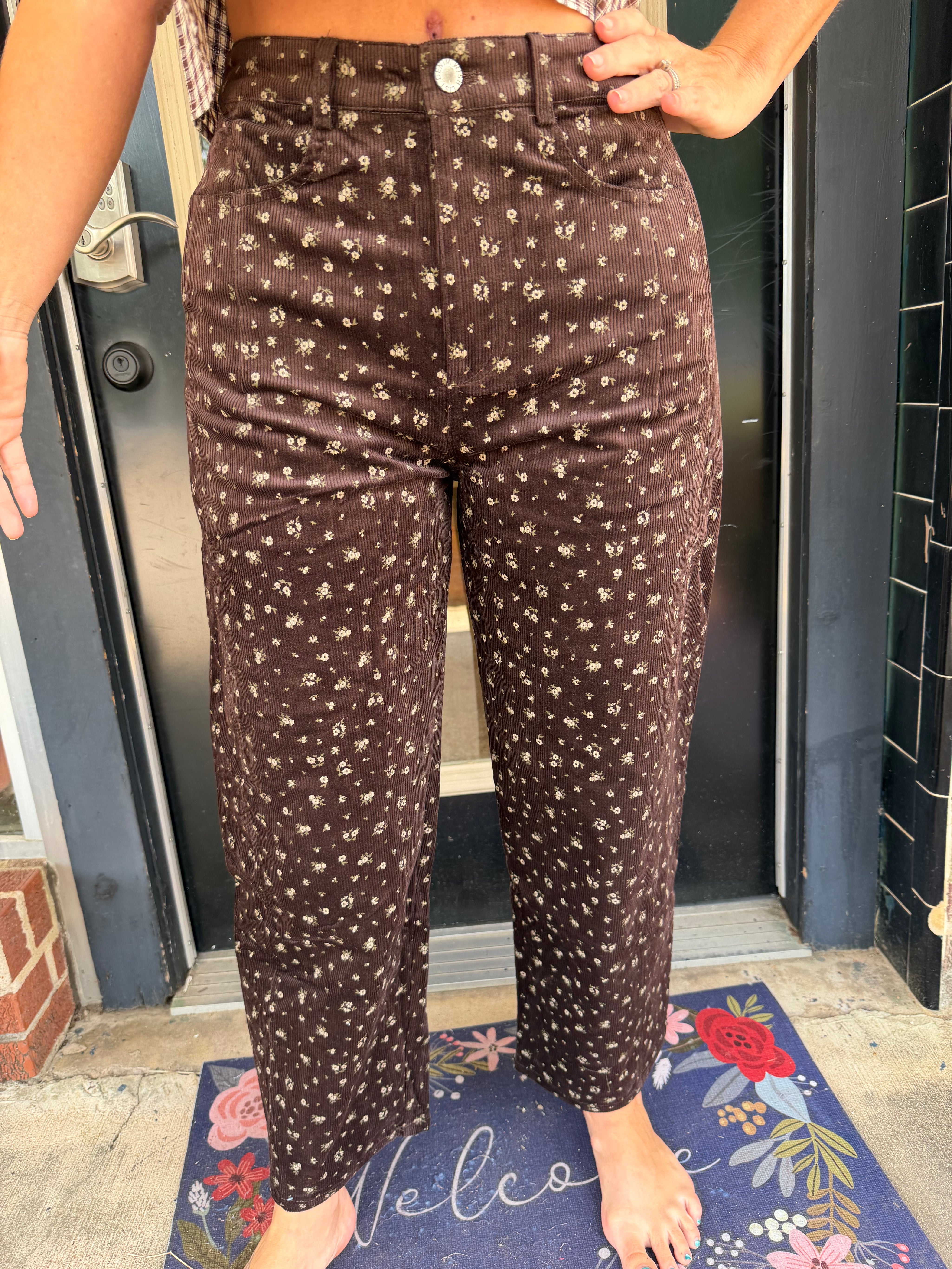 Mocha Meadow Floral Barrel Leg Pants