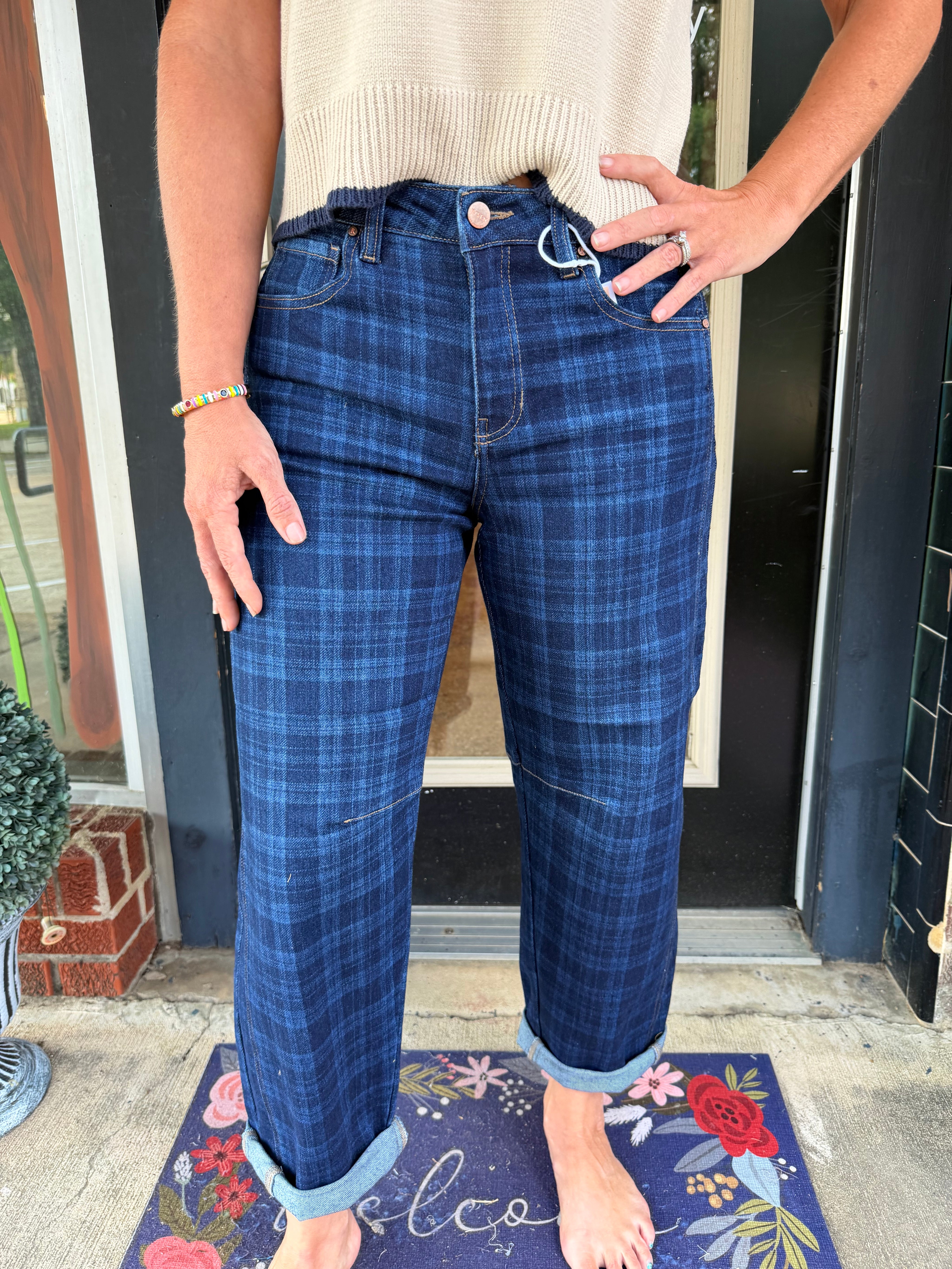 Risen Midnight Plaid Cuffed Barrel Jeans