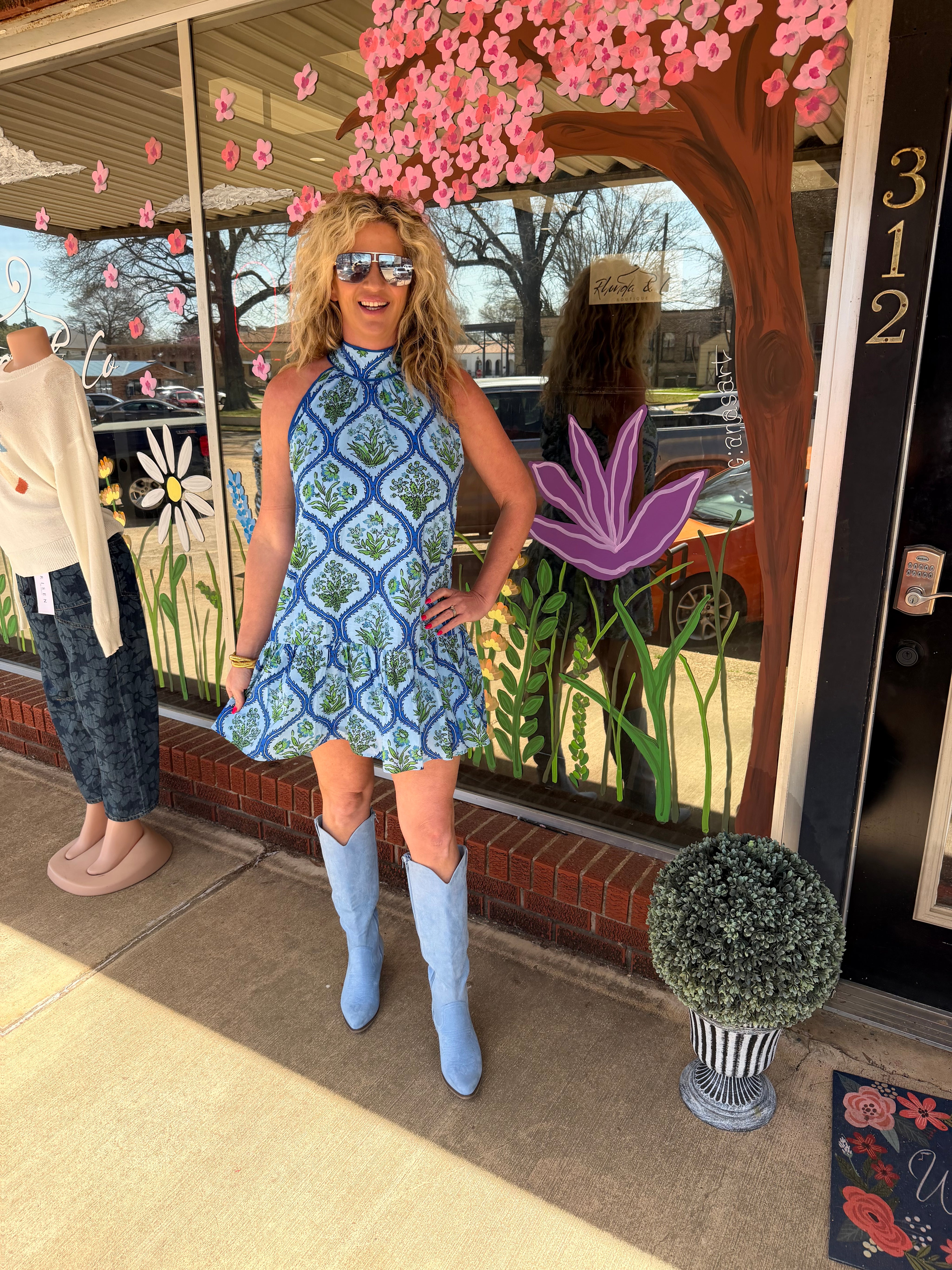 Blue Garden Tile Halter Neck Drop Waist dress